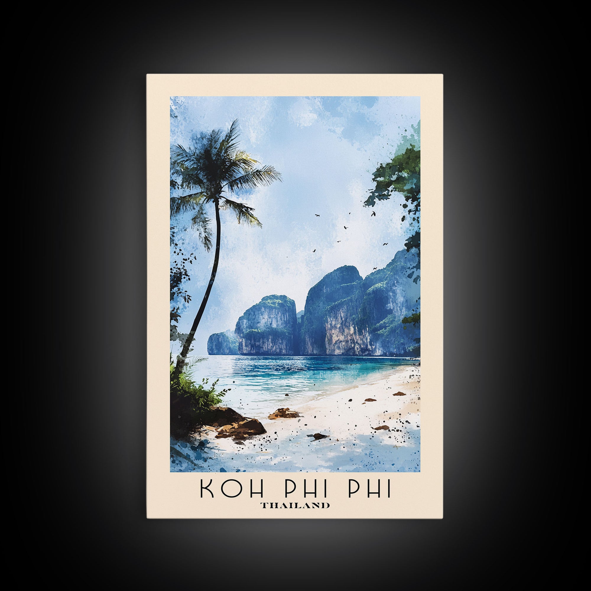 Koh Phi Phi, Thailand Watercolor Print, Vacation Gift, Thailand Wall Art, Beach Painting, Beach Decor, Large Wall Art, Wood Frame Art