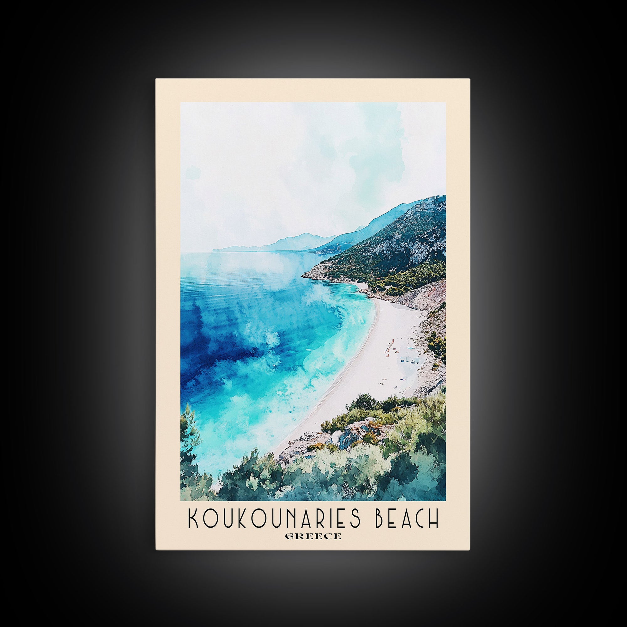 Koukounaries Beach, Greece Watercolor Beach Print, Vacation Gift, Greece Wall Art, Framed Canvas Print, Framed Beach Painting