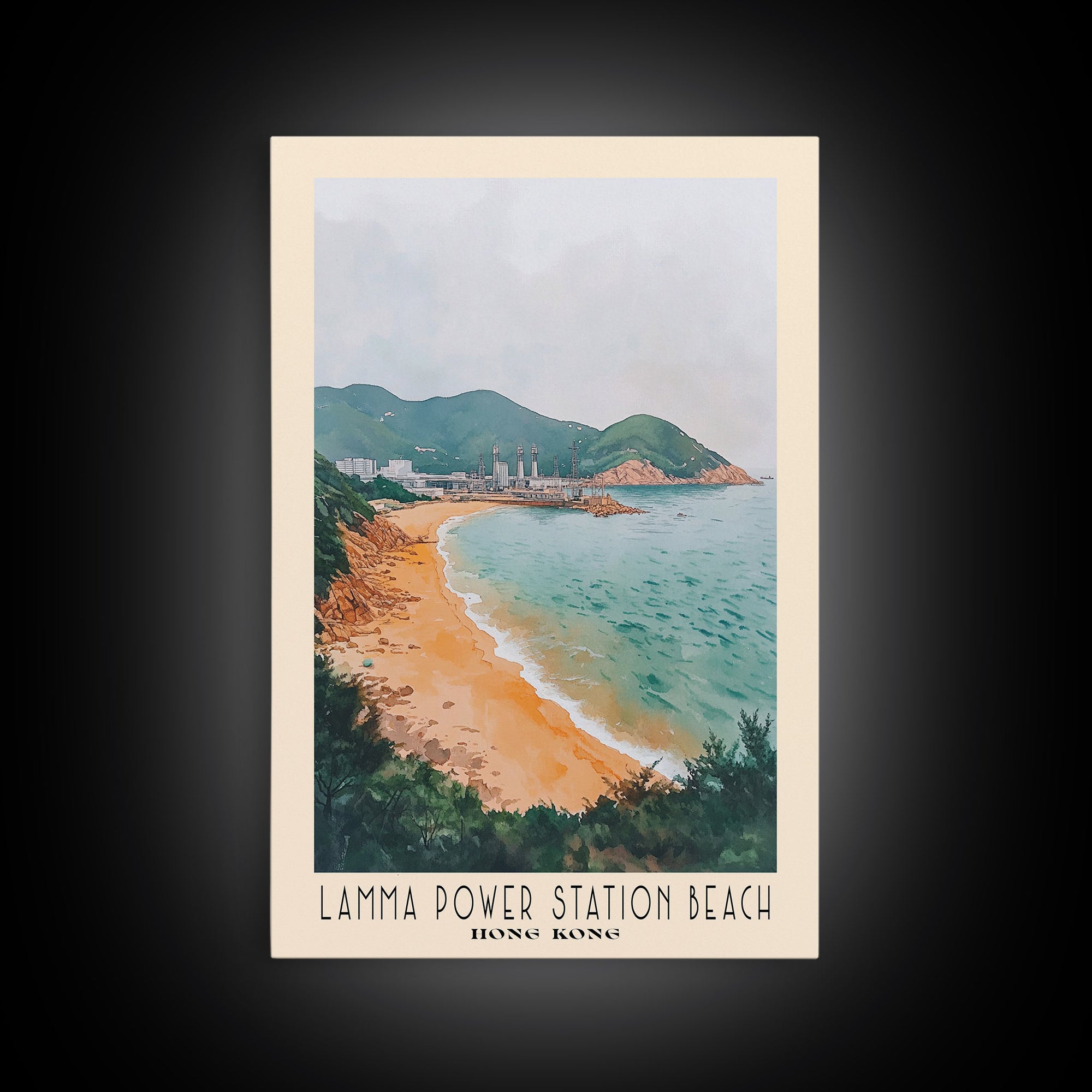 Lamma Power Station Beach, Hong Kong Watercolor Beach Print, Vacation Gift, Hong Kong Wall Art, Framed Canvas Print, Framed Beach Painting