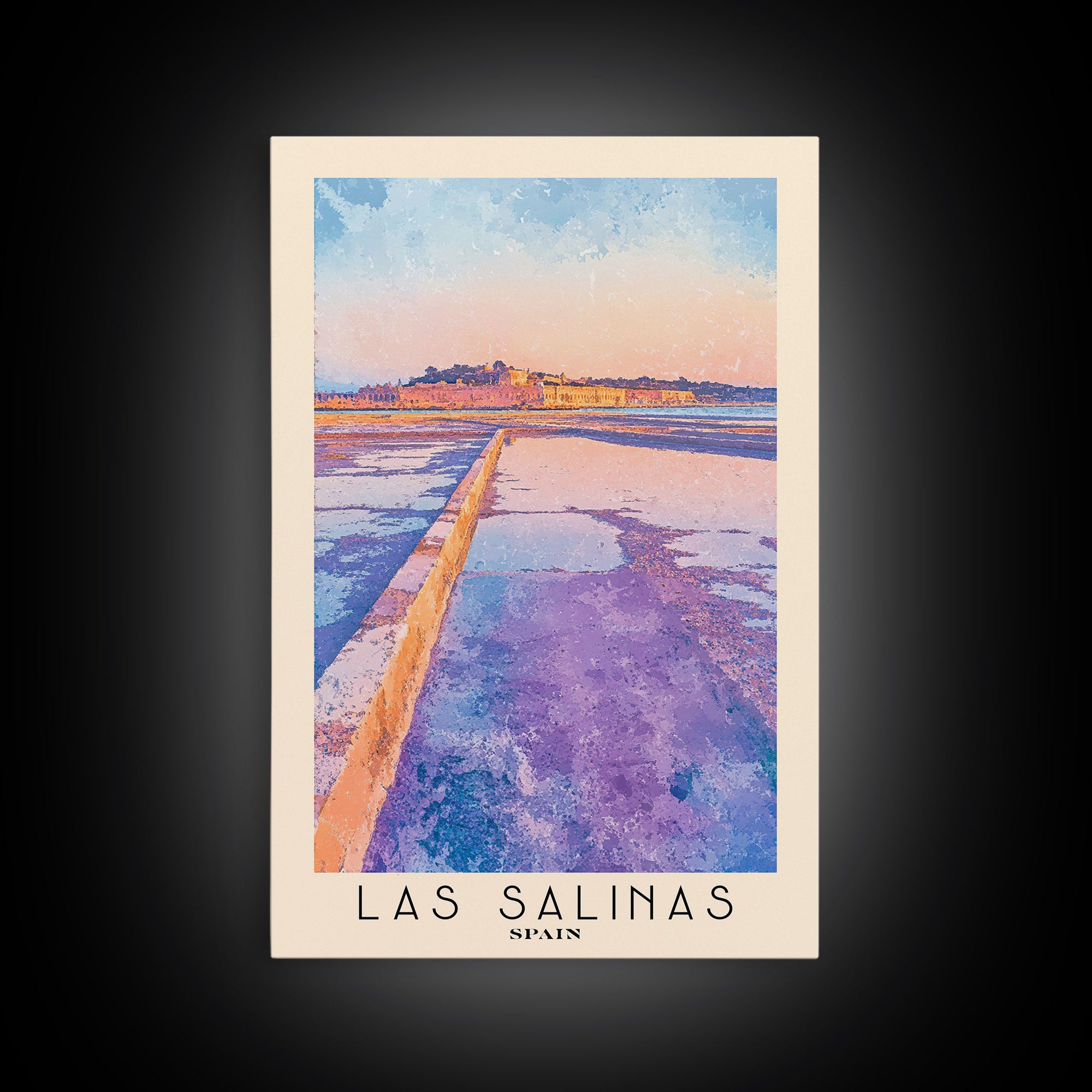 Las Salinas, Spain Watercolor Print, Vacation Gift, Spain Wall Art, Beach Painting, Beach Decor, Large Wall Art, Wood Frame Art