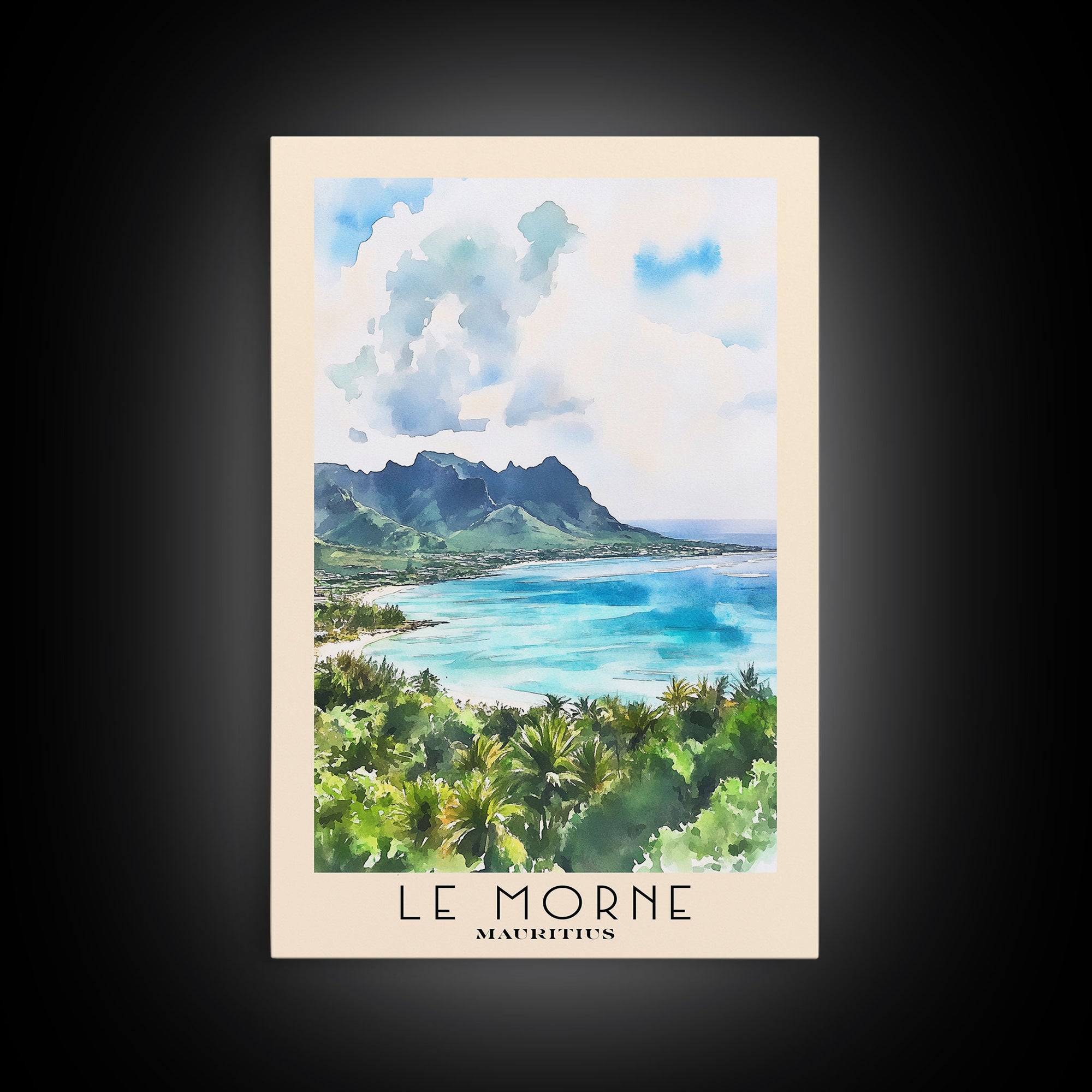 Le Morne, Mauritius Watercolor Print, Vacation Gift, Mauritius Wall Art, Beach Painting, Beach Decor, Large Wall Art, Wood Frame Art