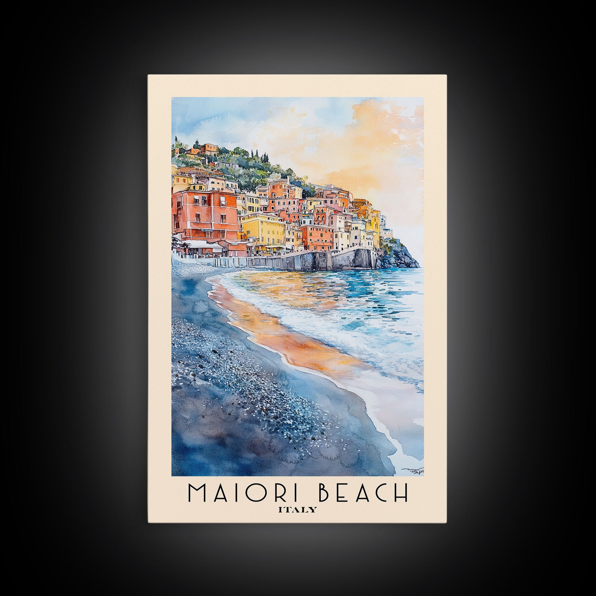 Maiori Beach, Italy Watercolor Print, Vacation Gift, Italy Wall Art, Beach Painting, Beach Decor, Large Wall Art, Wood Frame Art