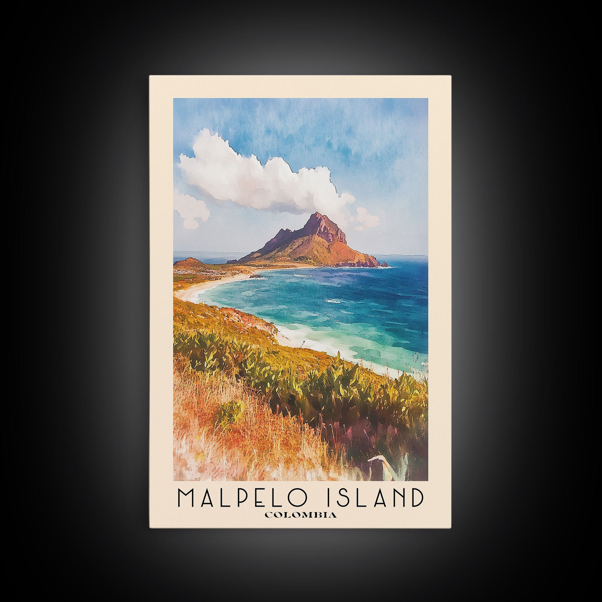 Malpelo Island, Colombia Watercolor Print, Vacation Gift, Colombia Wall Art, Beach Painting, Beach Decor, Large Wall Art, Wood Frame Art