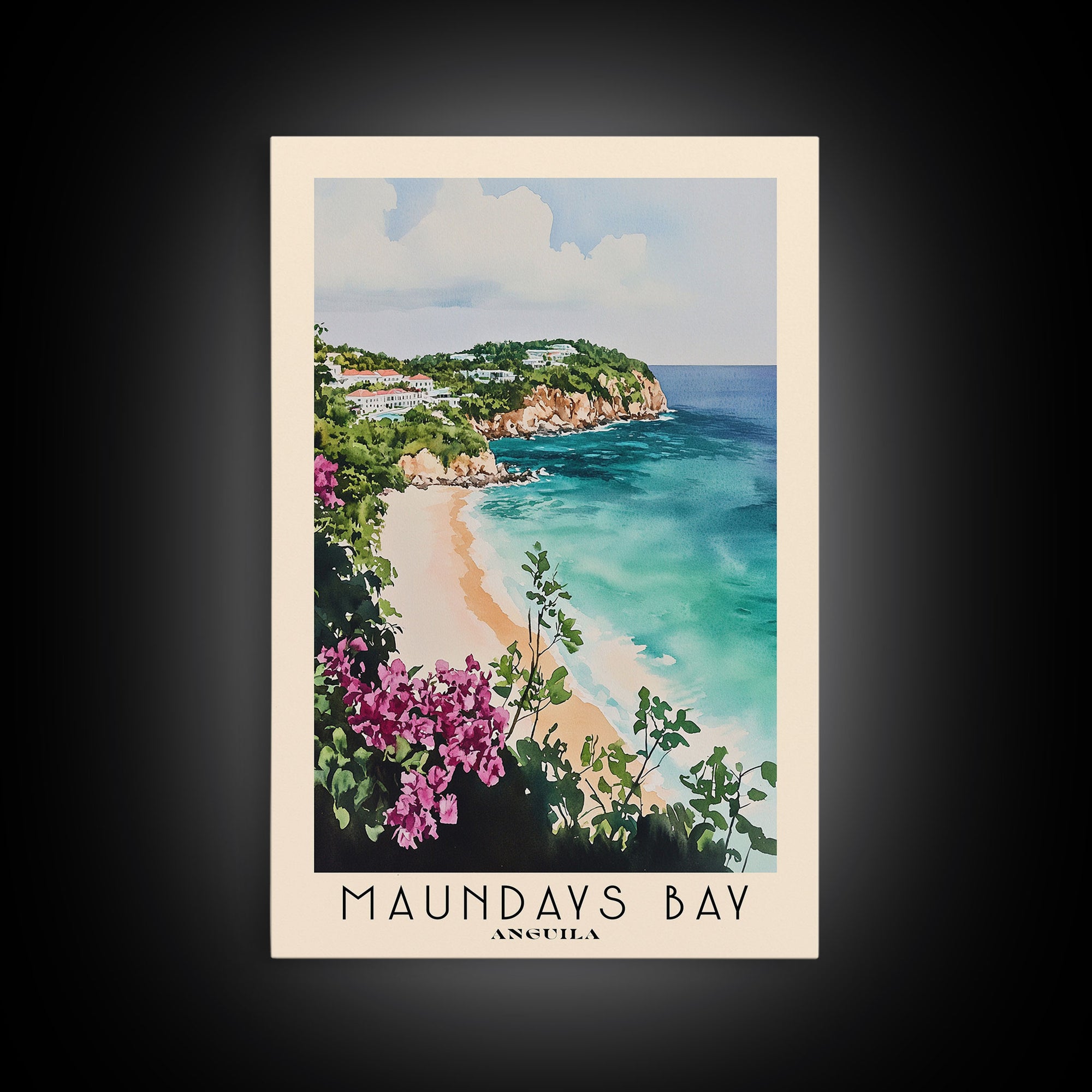 Maundays Bay, Anguila Watercolor Beach Print, Vacation Gift, Anguila Wall Art, Framed Canvas Print, Framed Beach Painting