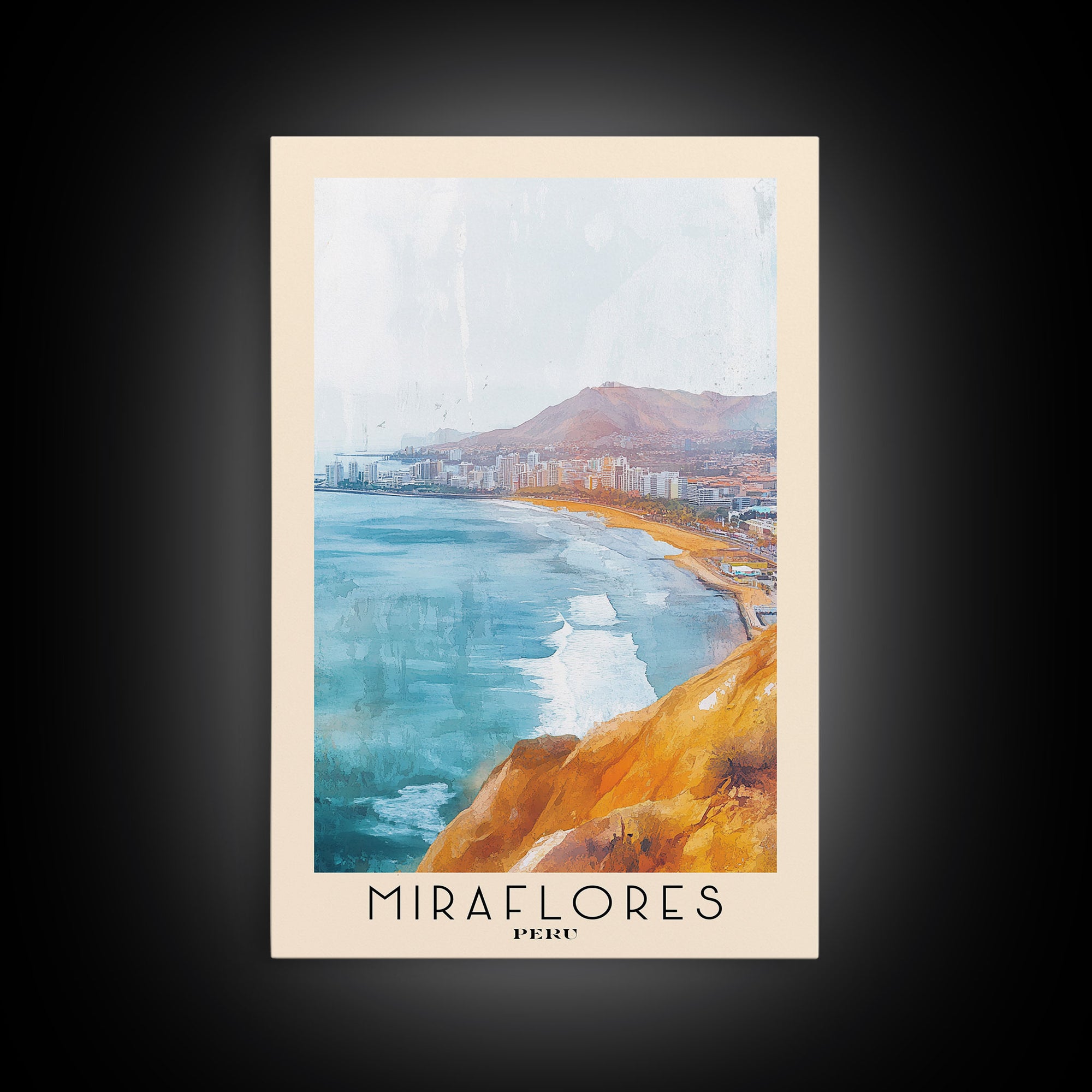 Miraflores, Peru Watercolor Print, Vacation Gift, Peru Wall Art, Beach Painting, Beach Decor, Large Wall Art, Wood Frame Art