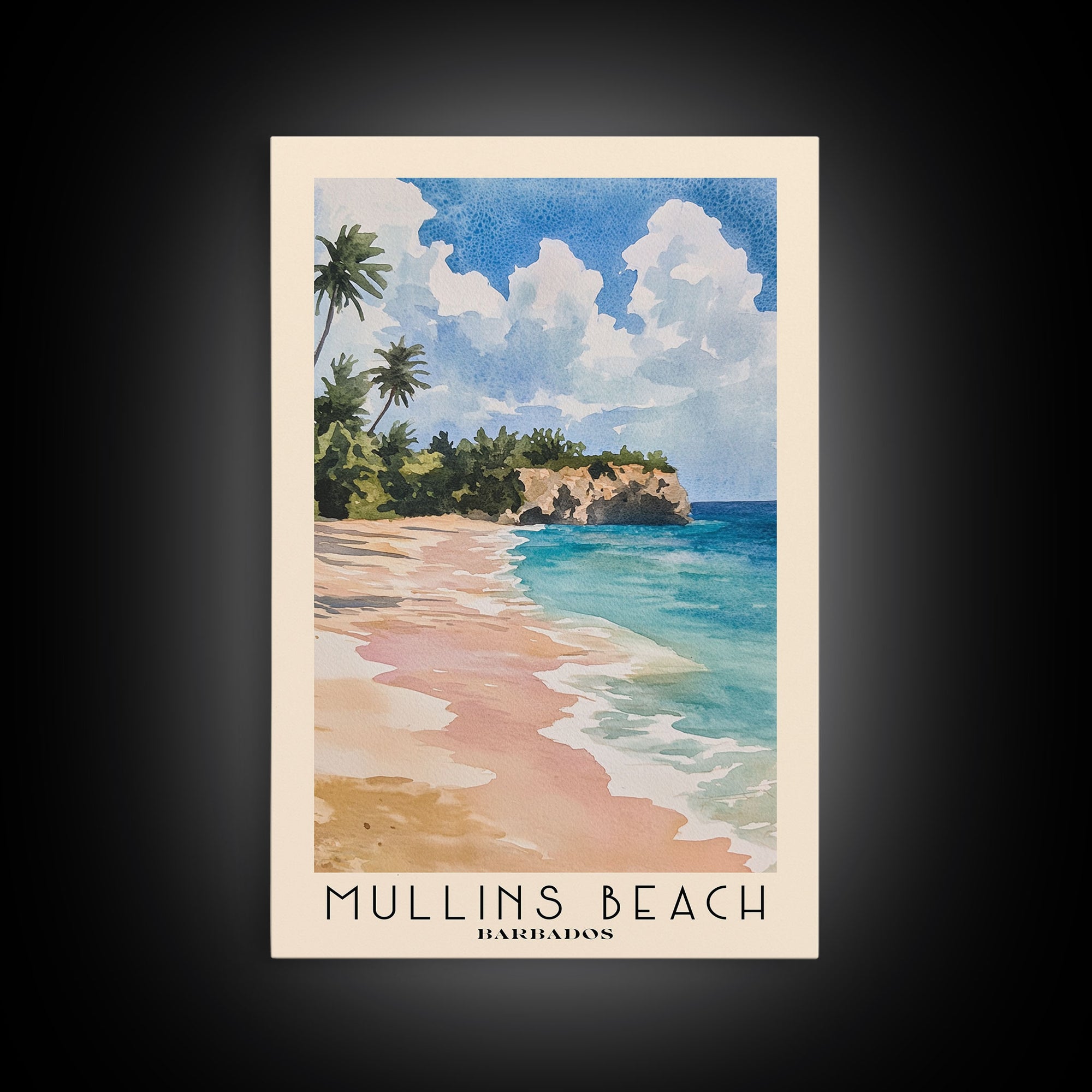 Mullins Beach, Barbados Watercolor Beach Print, Vacation Gift, Barbados Wall Art, Framed Canvas Print, Framed Beach Painting