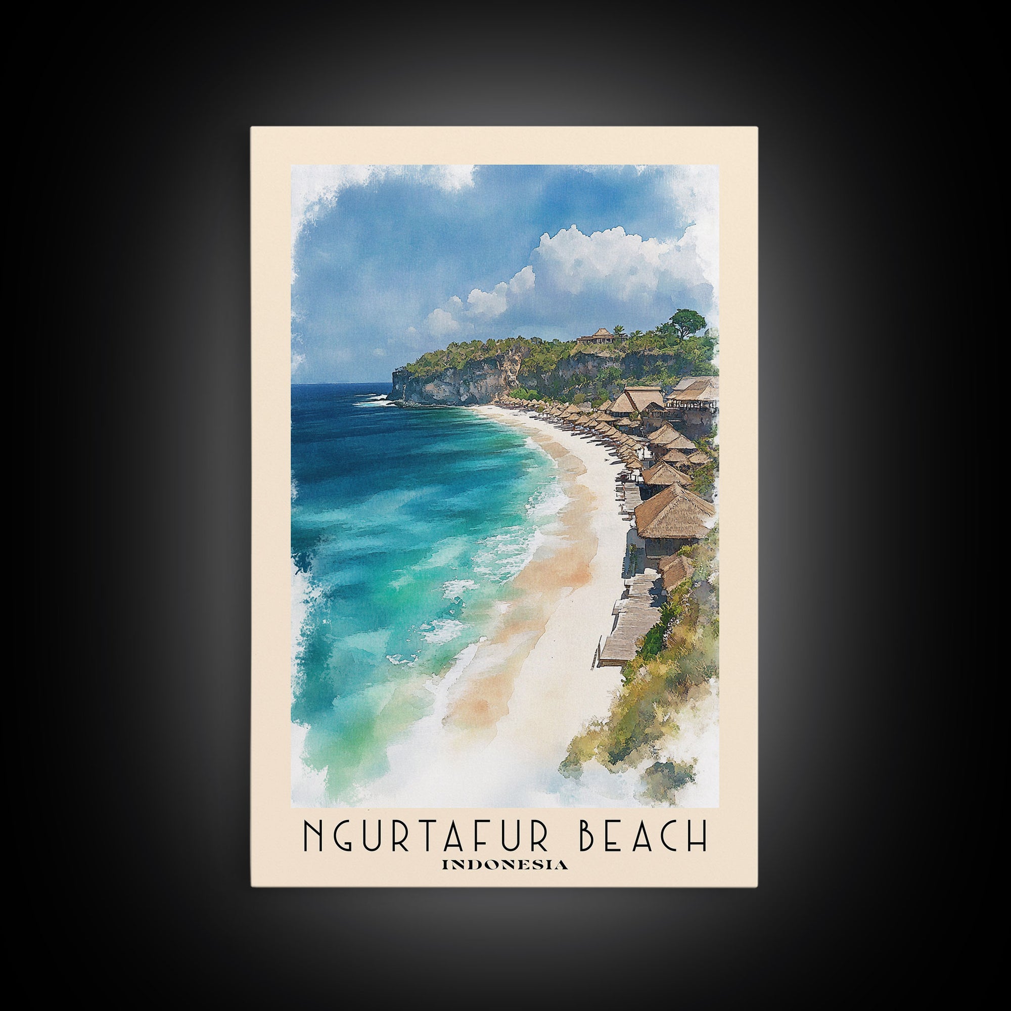 Ngurtafur Beach, Indonesia Watercolor Beach Print, Vacation Gift, Indonesia Wall Art, Framed Canvas Print, Framed Beach Painting