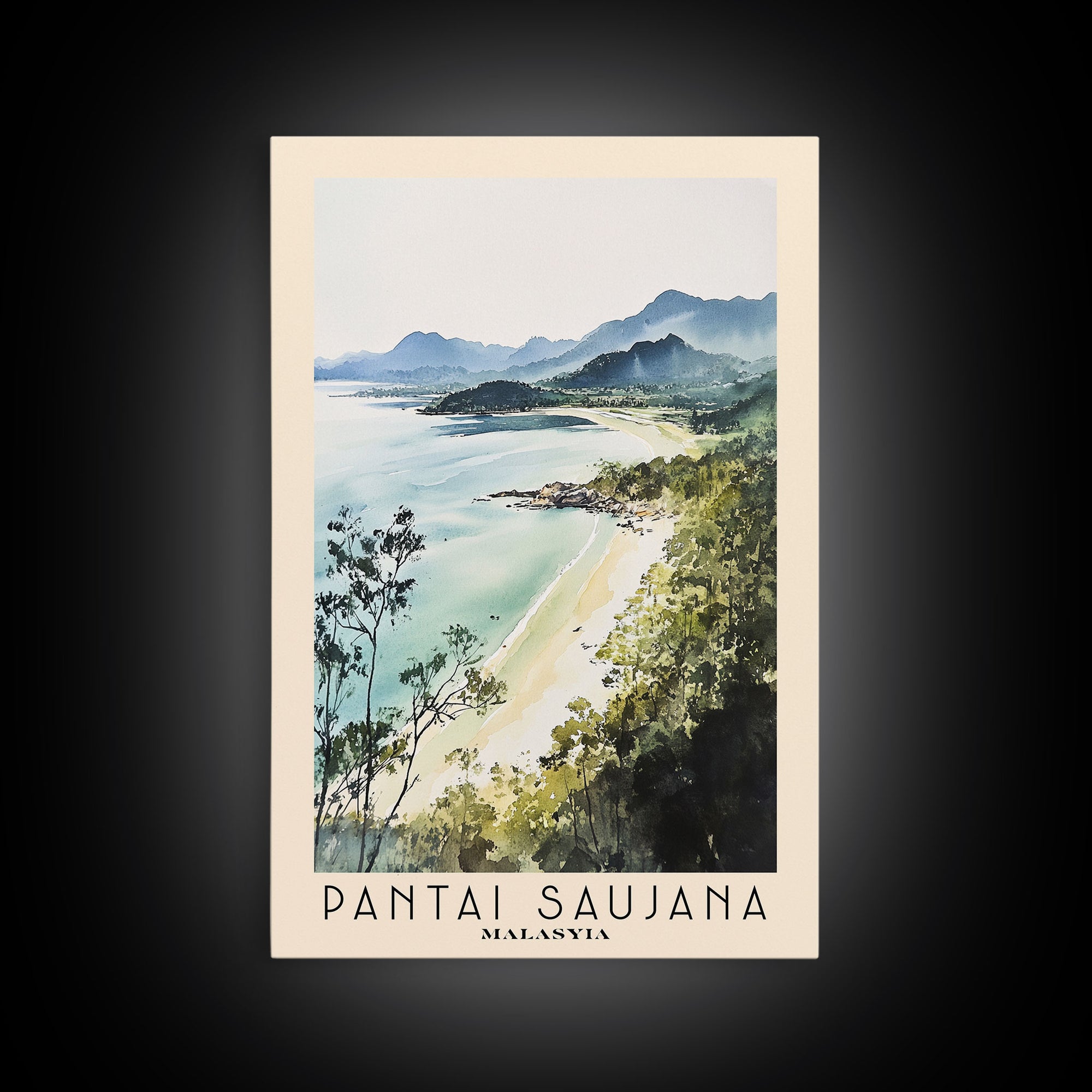 Pantai Saujana, Malasyia Watercolor Print, Vacation Gift, Malasyia Wall Art, Beach Painting, Beach Decor, Large Wall Art, Wood Frame Art