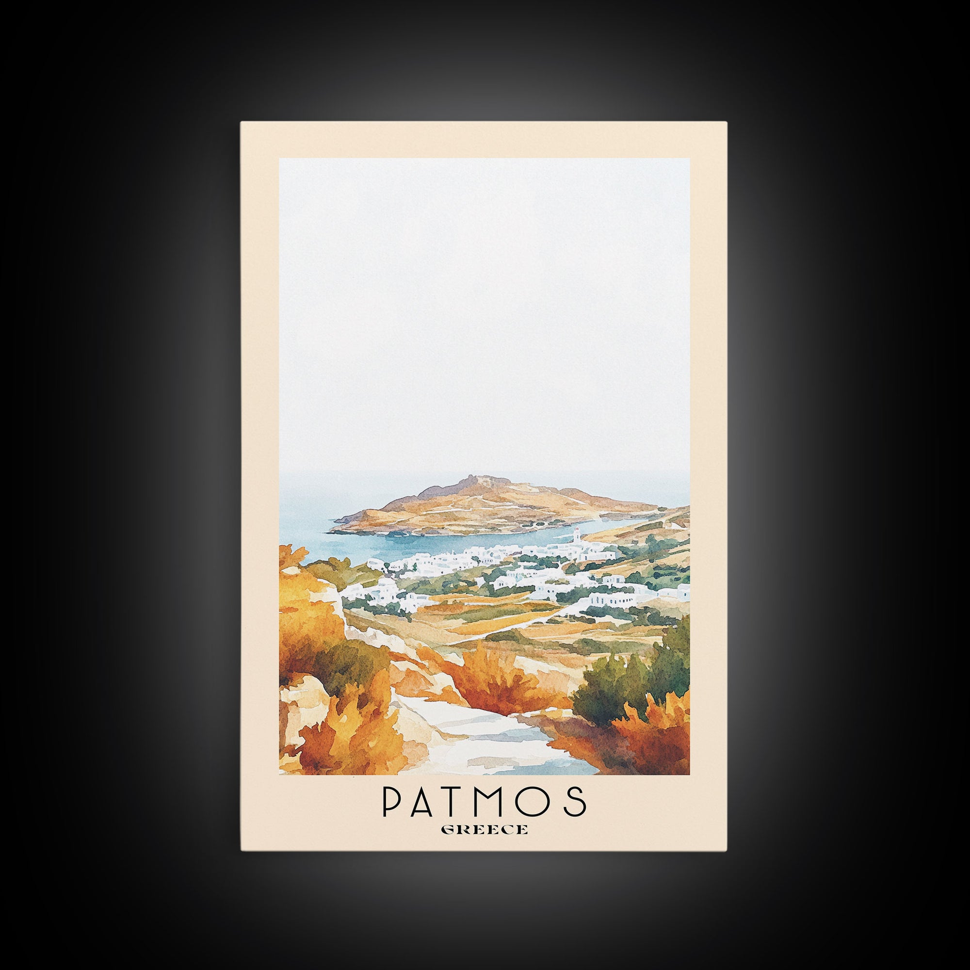 Patmos, Greece Watercolor Beach Print, Vacation Gift, Greece Wall Art, Framed Canvas Print, Framed Beach Painting