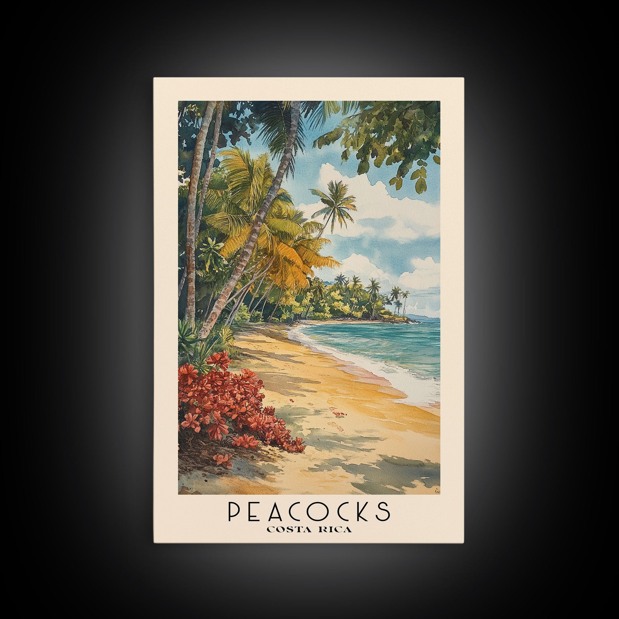 Peacocks, Costa Rica Watercolor Beach Print, Vacation Gift, Costa Rica Wall Art, Framed Canvas Print, Framed Beach Painting