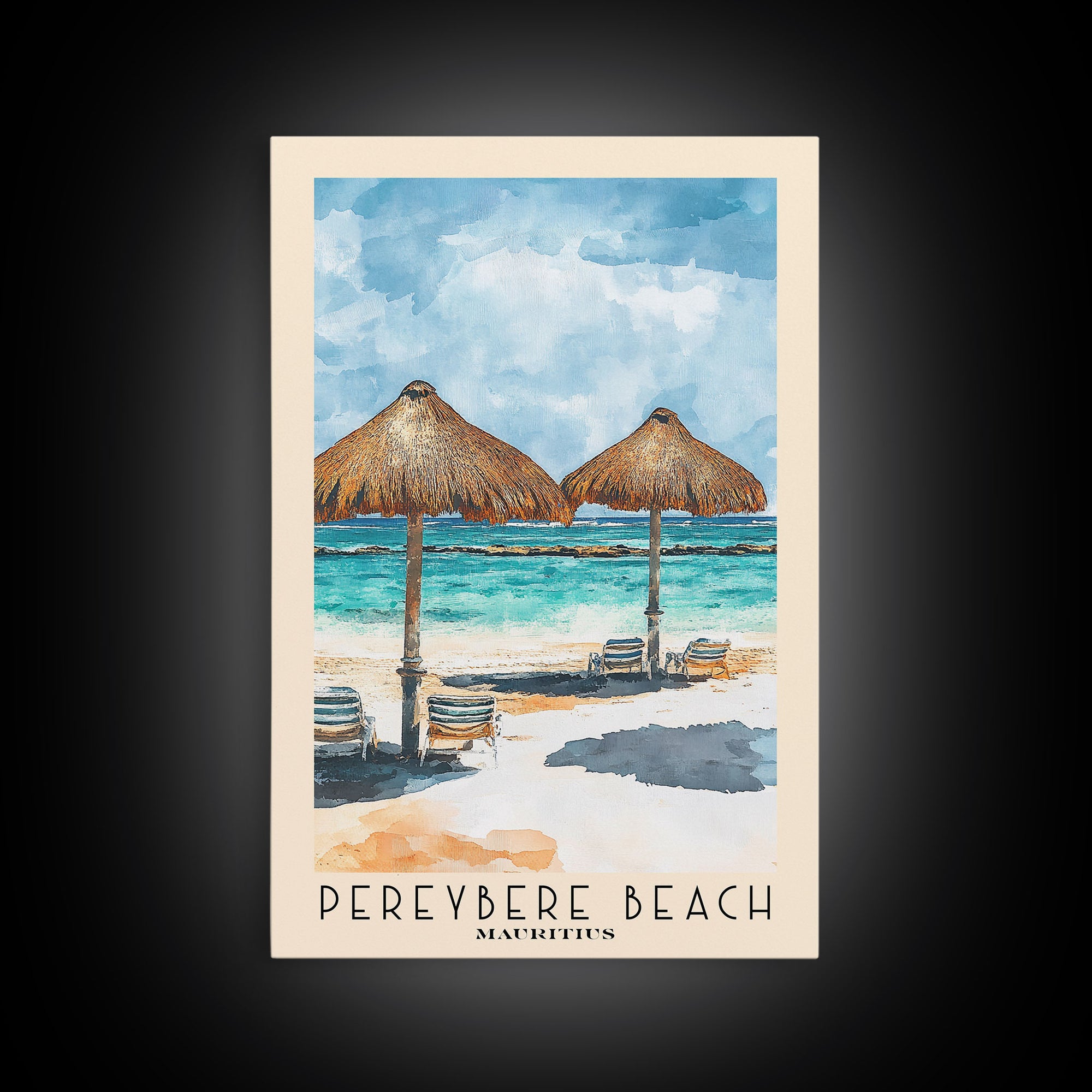 Pereybere Beach, Mauritius Watercolor Beach Print, Vacation Gift, Mauritius Wall Art, Framed Canvas Print, Framed Beach Painting