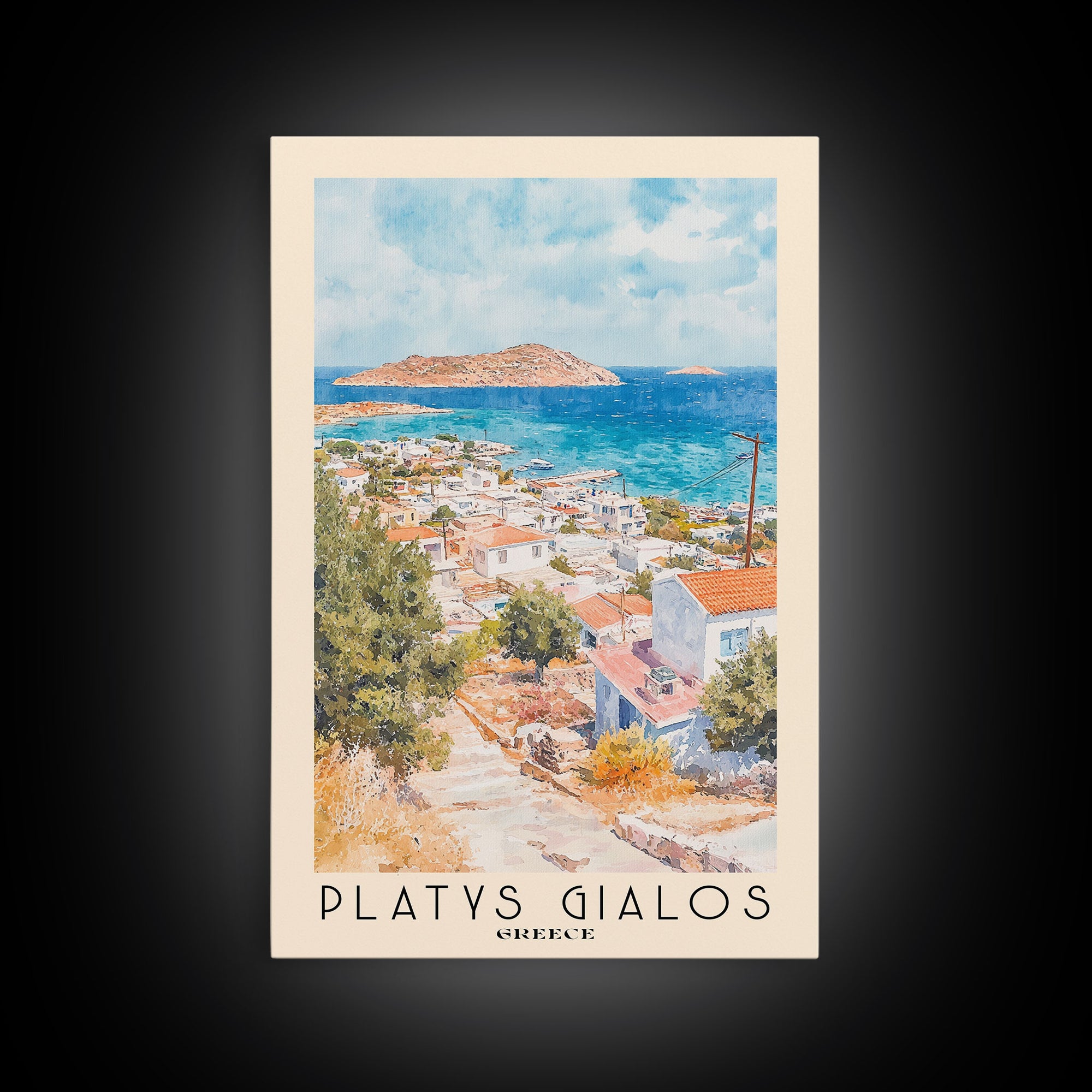 Platys Gialos, Greece Watercolor Beach Print, Vacation Gift, Greece Wall Art, Framed Canvas Print, Framed Beach Painting