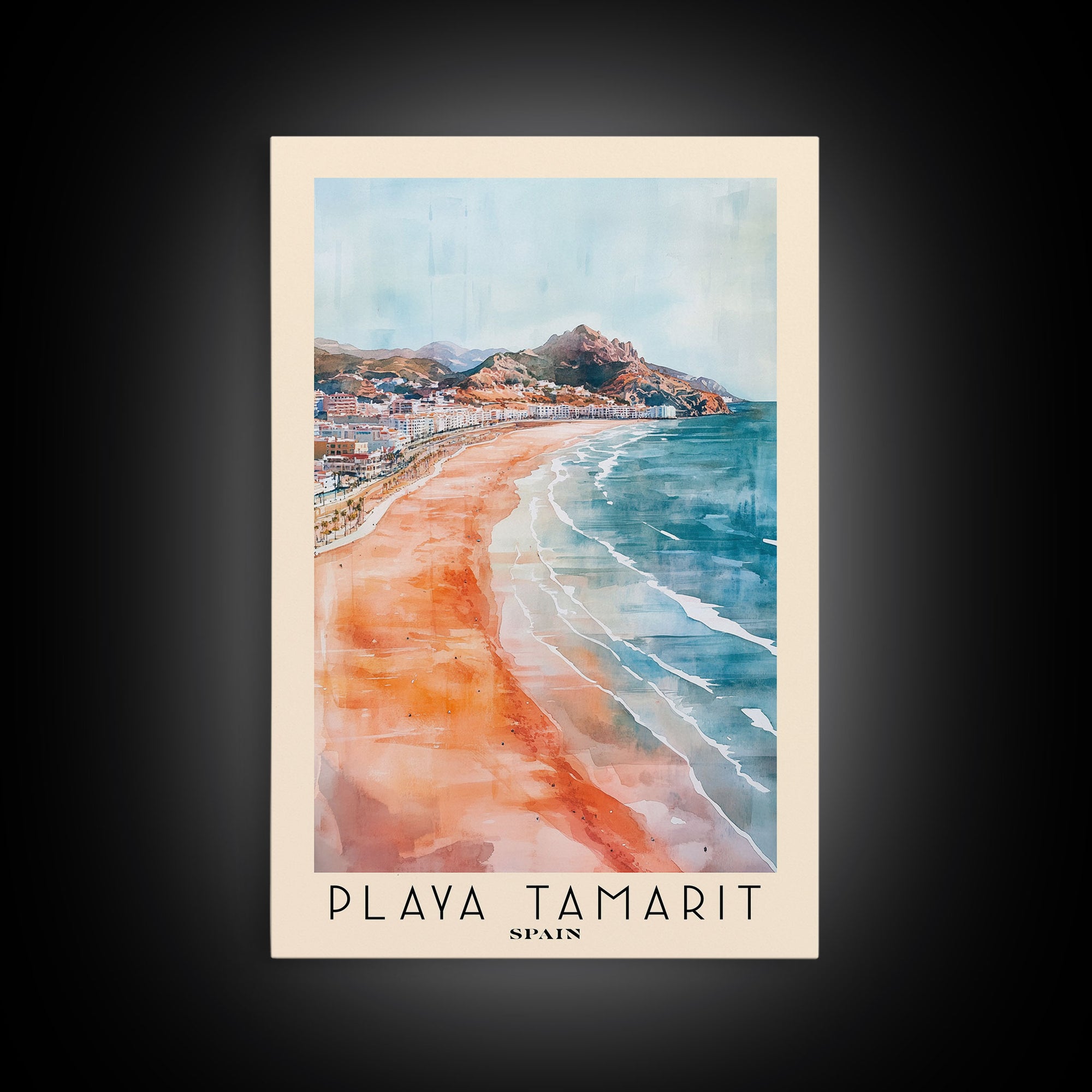 Playa Tamarit, Spain Watercolor Print, Vacation Gift, Spain Wall Art, Beach Painting, Beach Decor, Large Wall Art, Wood Frame Art