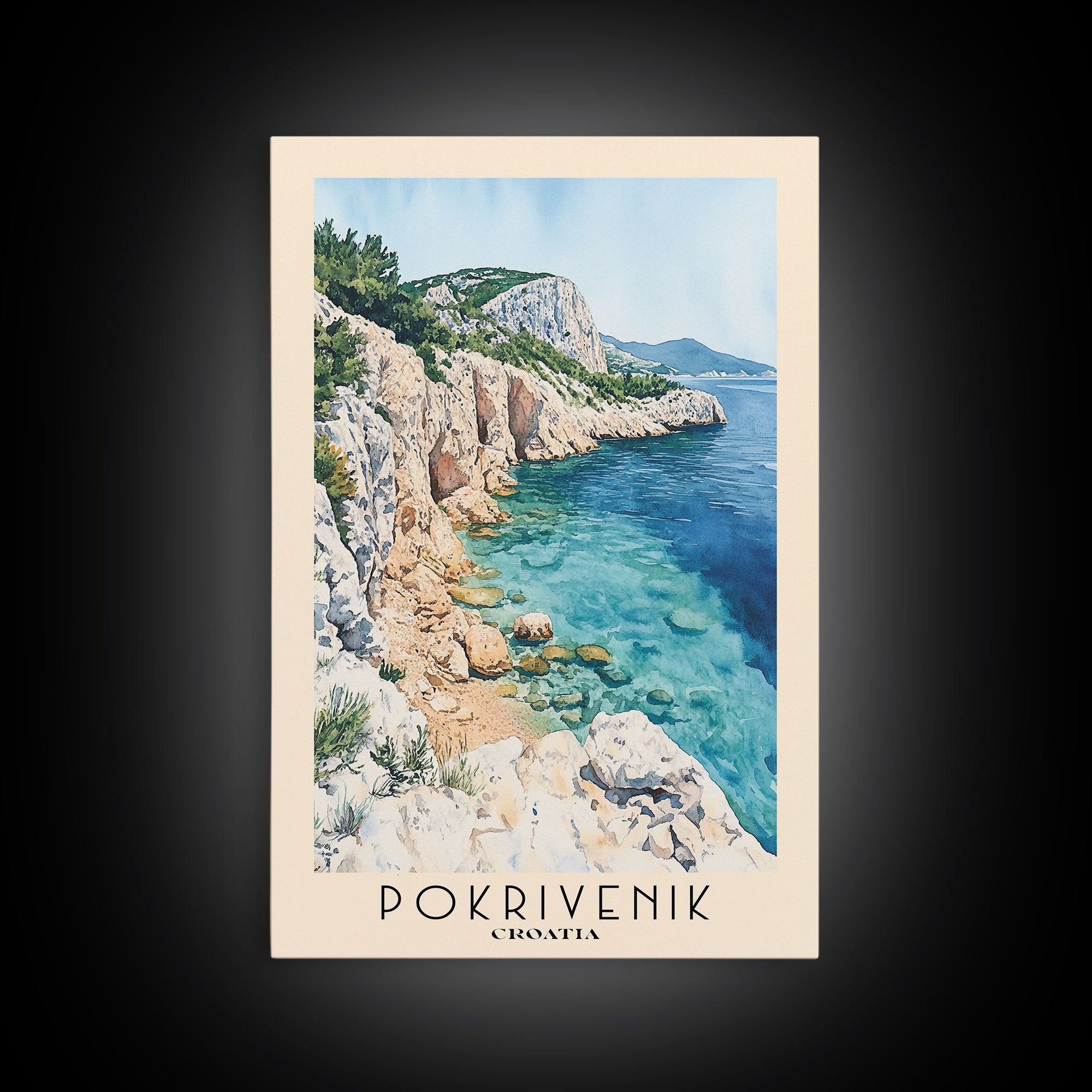 Pokrivenik, Croatia Watercolor Print, Vacation Gift, Croatia Wall Art, Beach Painting, Beach Decor, Large Wall Art, Wood Frame Art