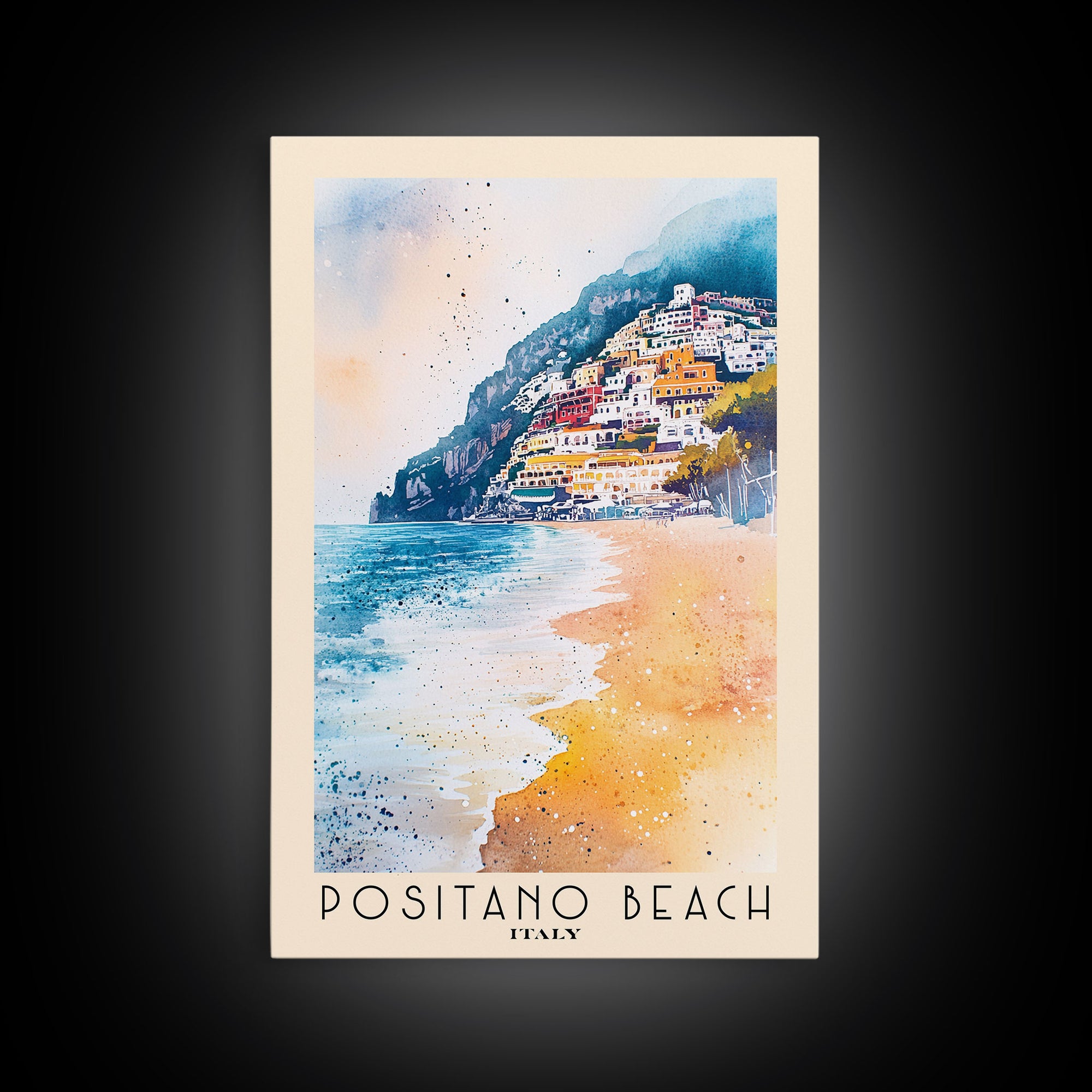 Positano Beach, Italy Watercolor Print, Vacation Gift, Italy Wall Art, Beach Painting, Beach Decor, Large Wall Art, Wood Frame Art