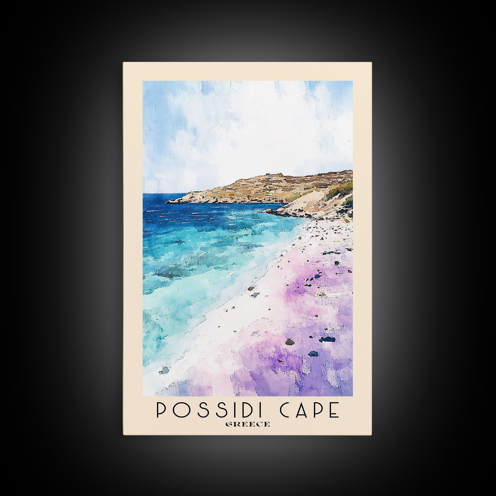 Possidi Cape, Greece Watercolor Beach Print, Vacation Gift, Greece Wall Art, Framed Canvas Print, Framed Beach Painting