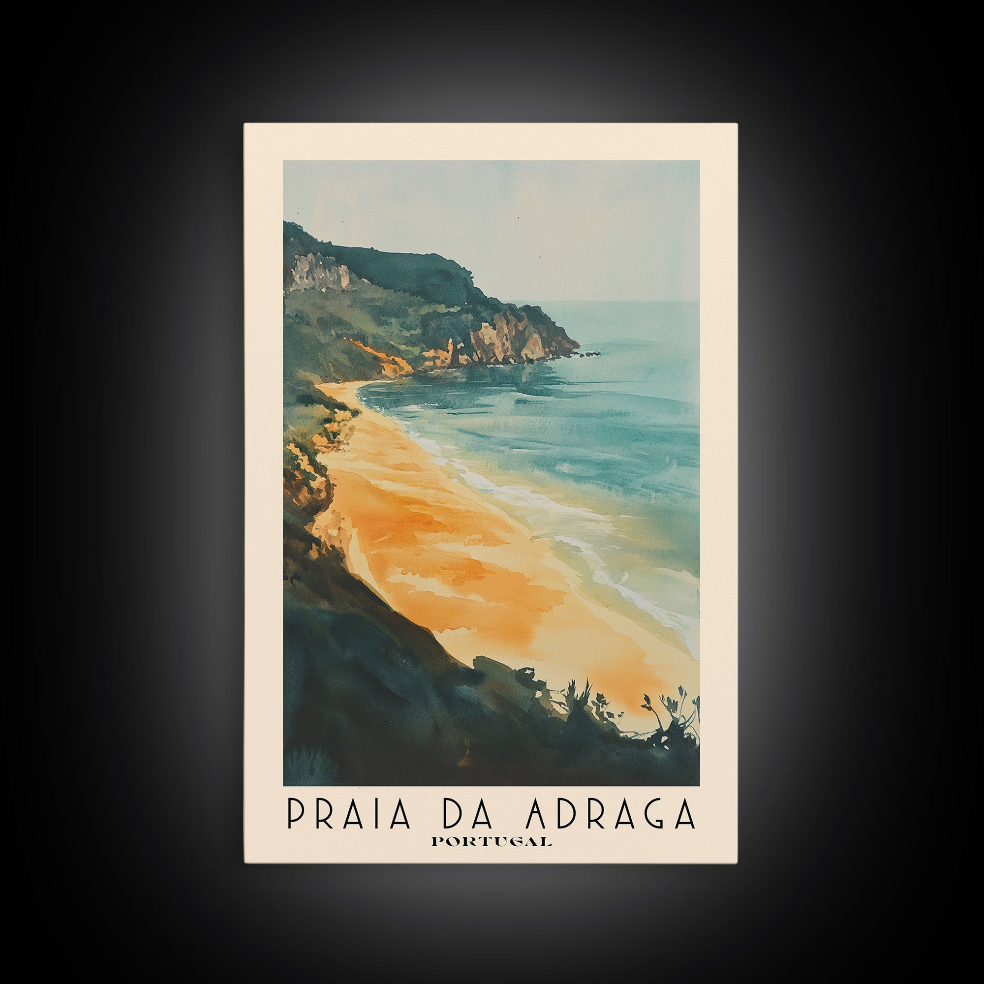 Praia da Adraga, Portugal Watercolor Print, Vacation Gift, Portugal Wall Art, Beach Painting, Beach Decor, Large Wall Art, Wood Frame Art