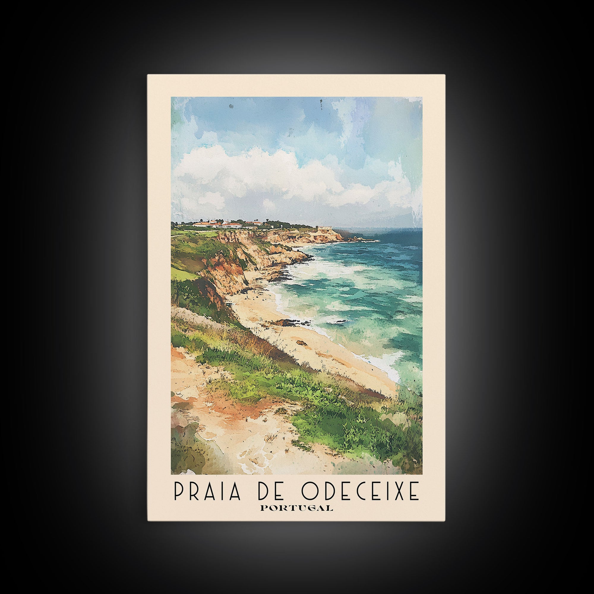 Praia de Odeceixe, Portugal Watercolor Print, Vacation Gift, Portugal Wall Art, Beach Painting, Beach Decor, Large Wall Art, Wood Frame Art