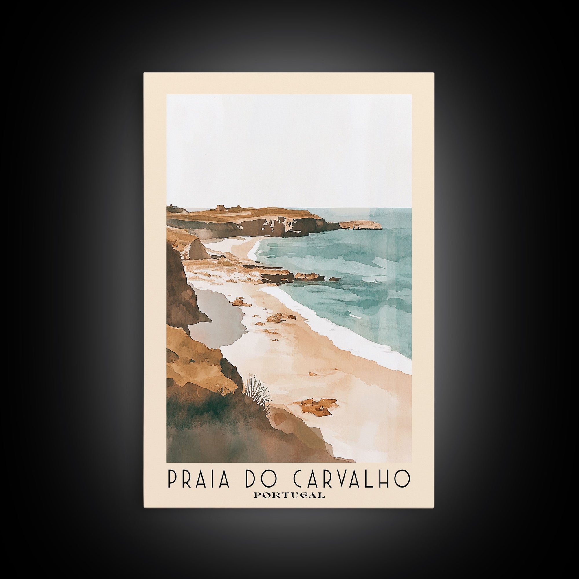 Praia do Carvalho, Portugal Watercolor Beach Print, Vacation Gift, Portugal Wall Art, Framed Canvas Print, Framed Beach Painting