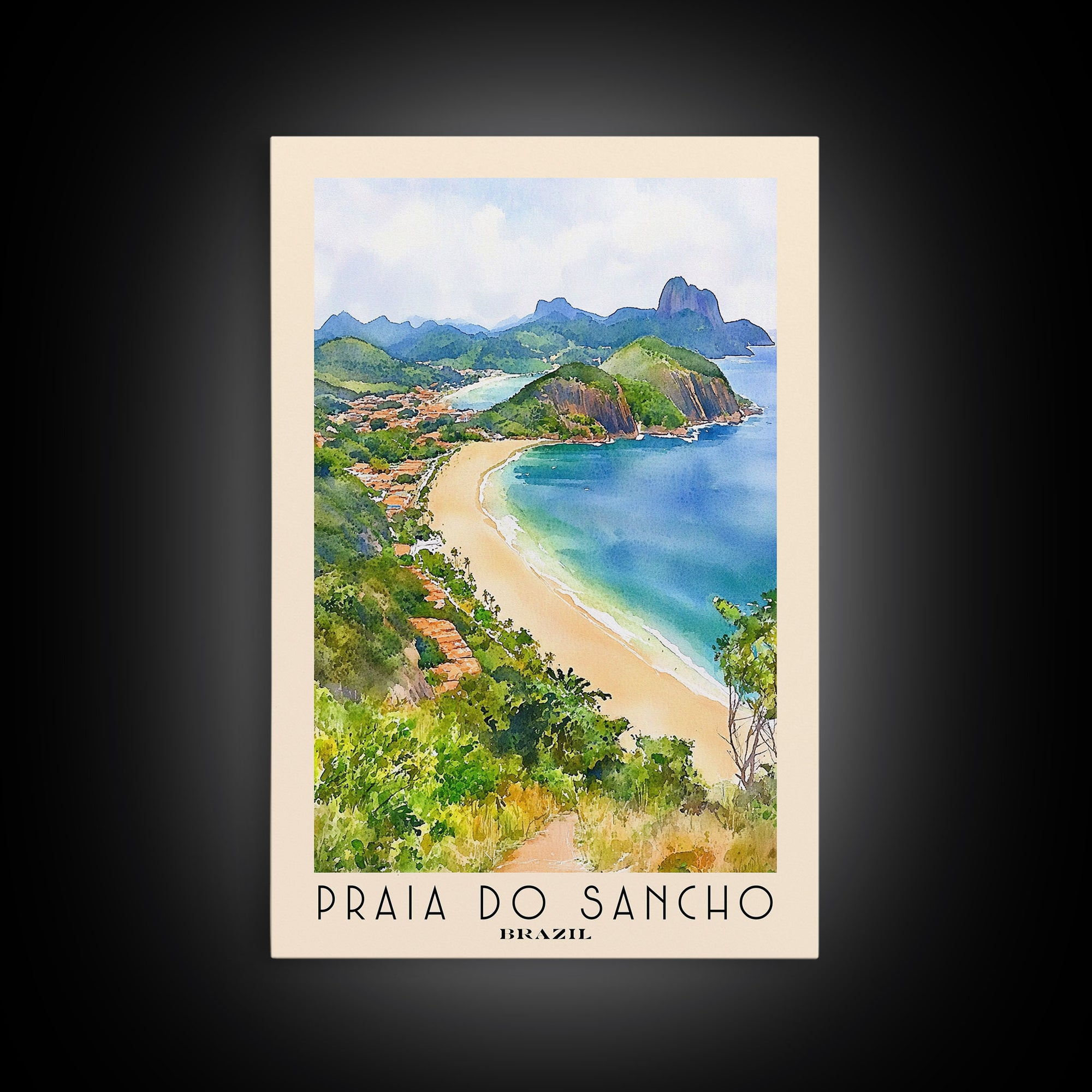 Praia do Sancho, Brazil Watercolor Beach Print, Vacation Gift, Brazil Wall Art, Framed Canvas Print, Framed Beach Painting