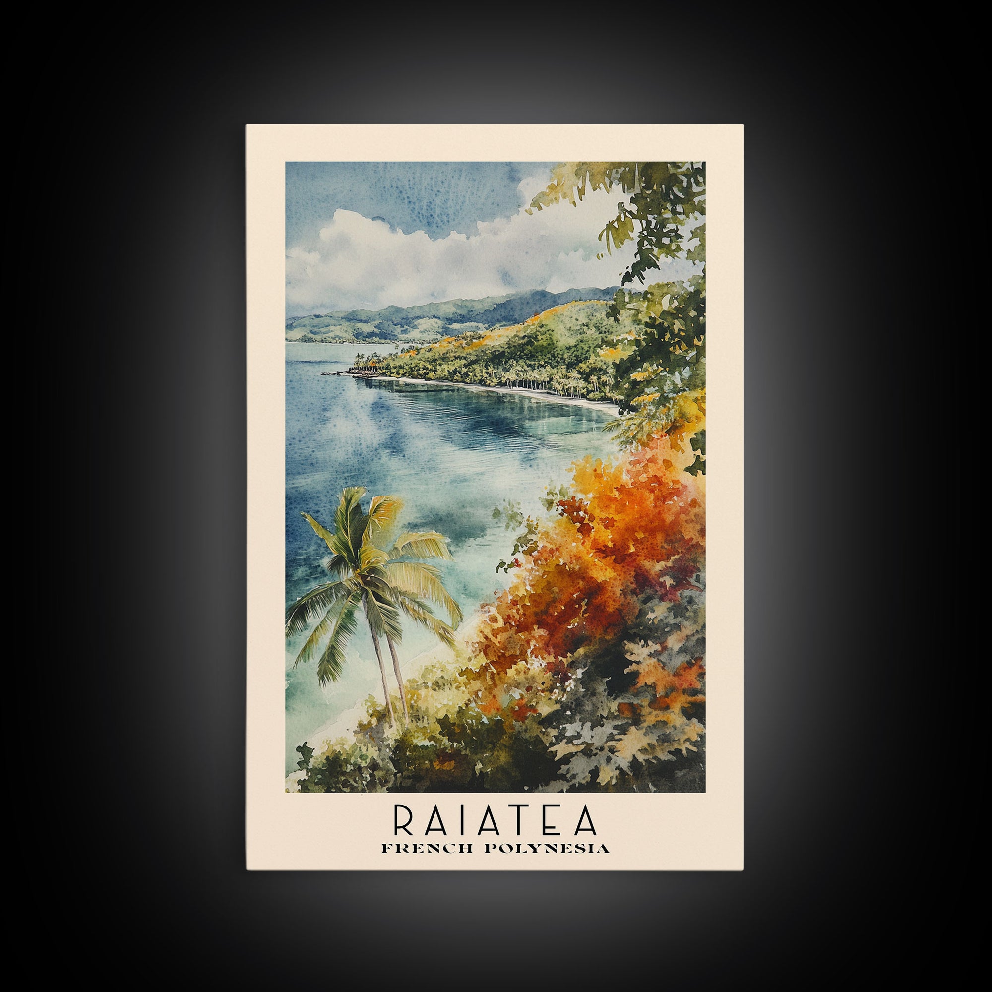 Raiatea, French Polynesia Watercolor Beach Print, Vacation Gift, French Polynesia Wall Art, Framed Canvas Print, Framed Beach Painting