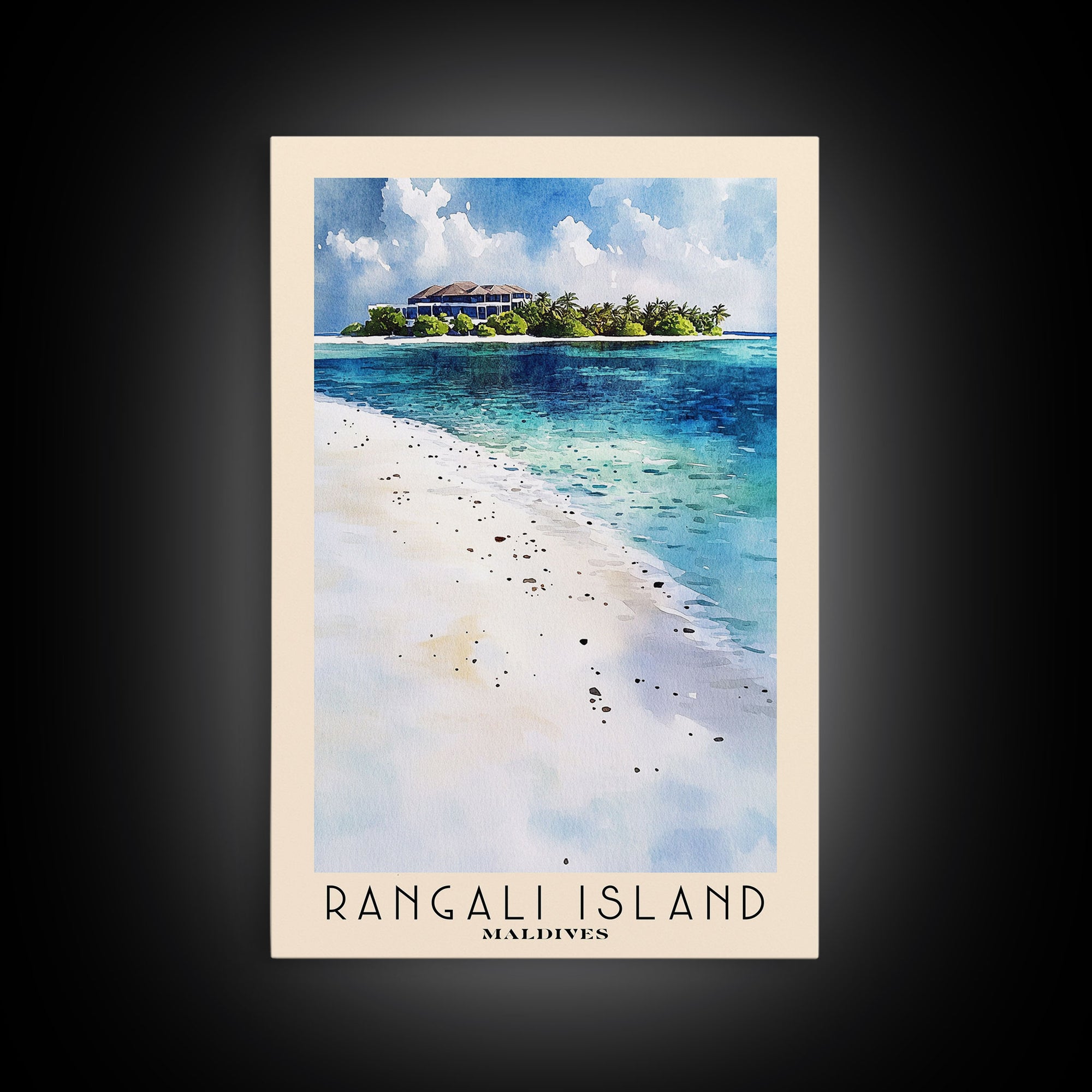 Rangali Island, Maldives Watercolor Beach Print, Vacation Gift, Maldives Wall Art, Framed Canvas Print, Framed Beach Painting