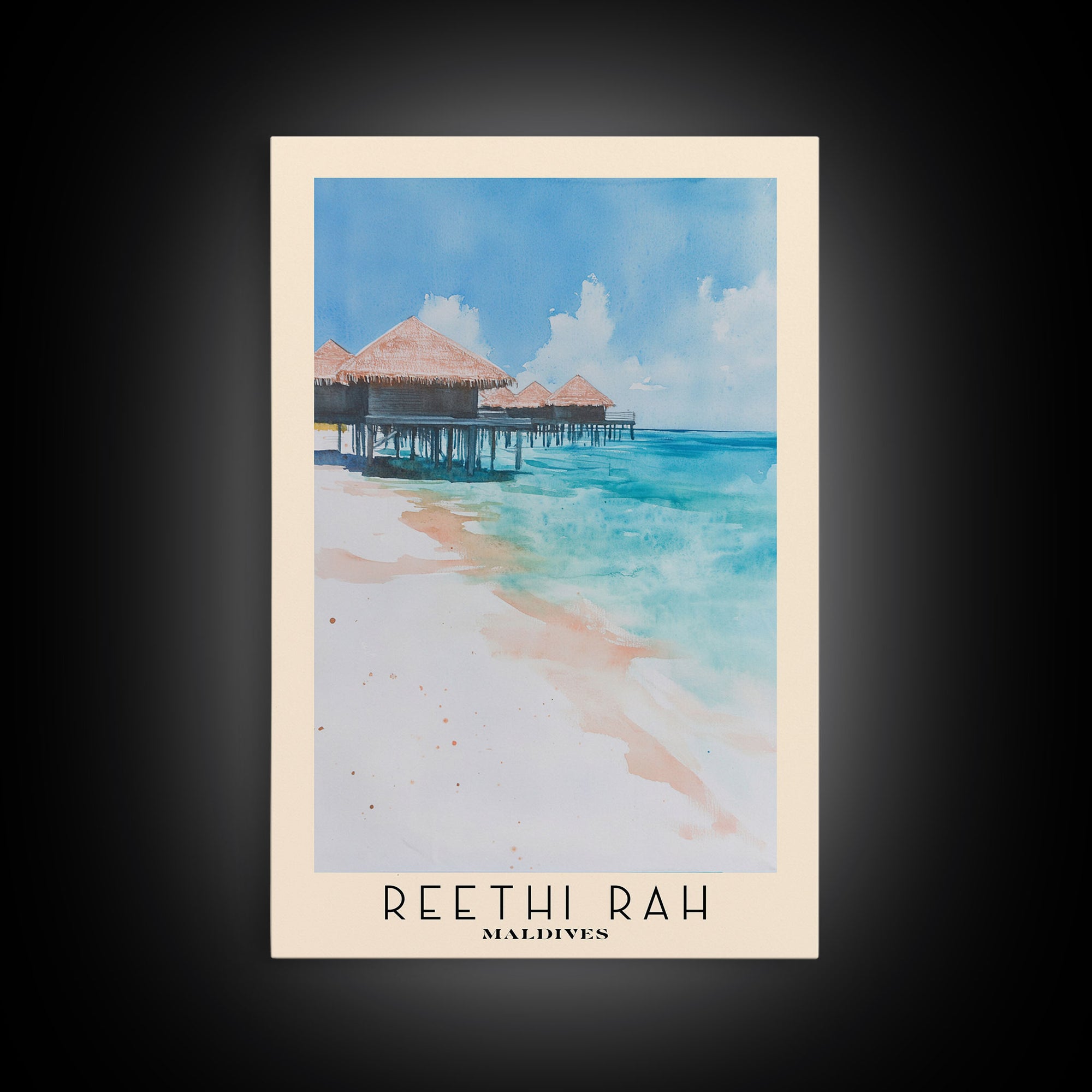 Reethi Rah, Maldives Watercolor Beach Print, Vacation Gift, Maldives Wall Art, Framed Canvas Print, Framed Beach Painting