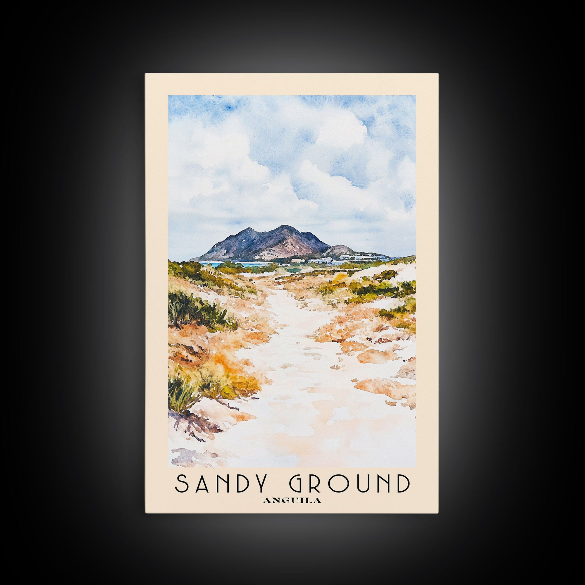 Sandy Ground, Anguila Watercolor Beach Print, Vacation Gift, Anguila Wall Art, Framed Canvas Print, Framed Beach Painting