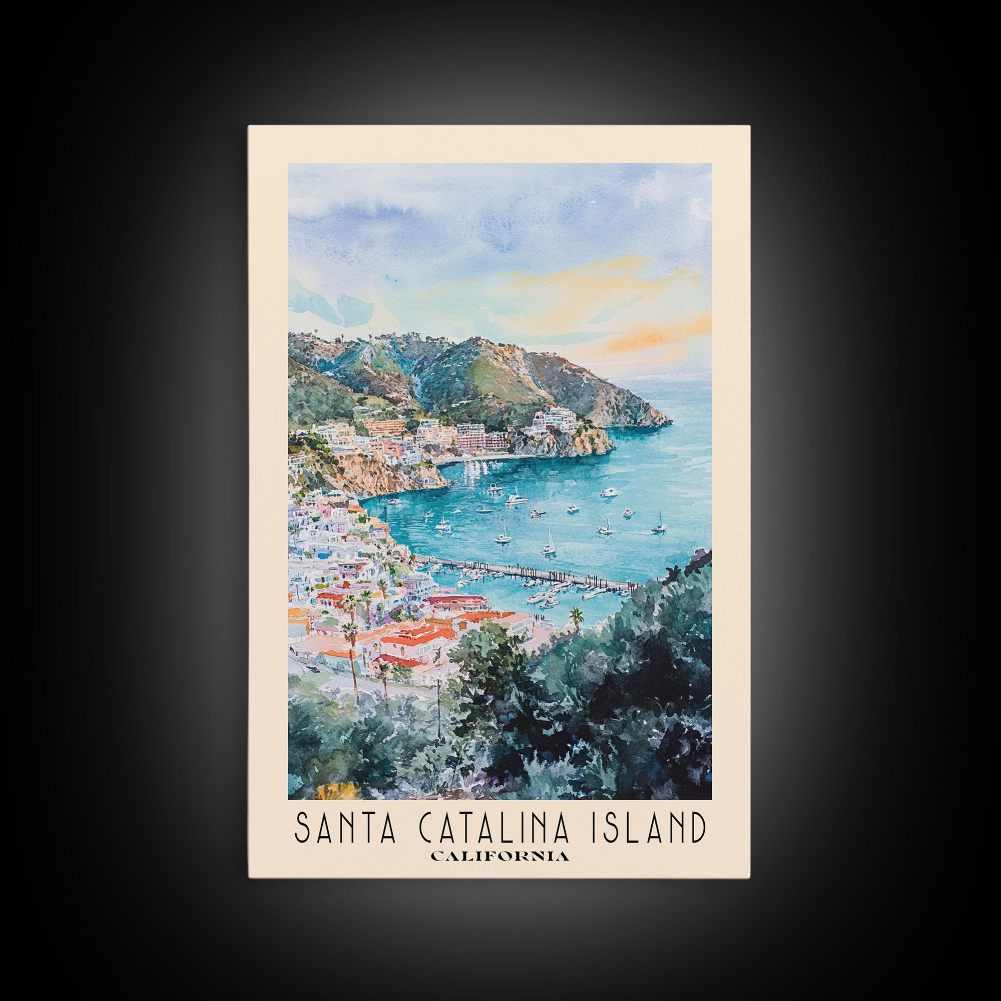 Santa Catalina Island, California Watercolor Beach Print, Vacation Gift, California Wall Art, Framed Canvas Print, Framed Beach Painting