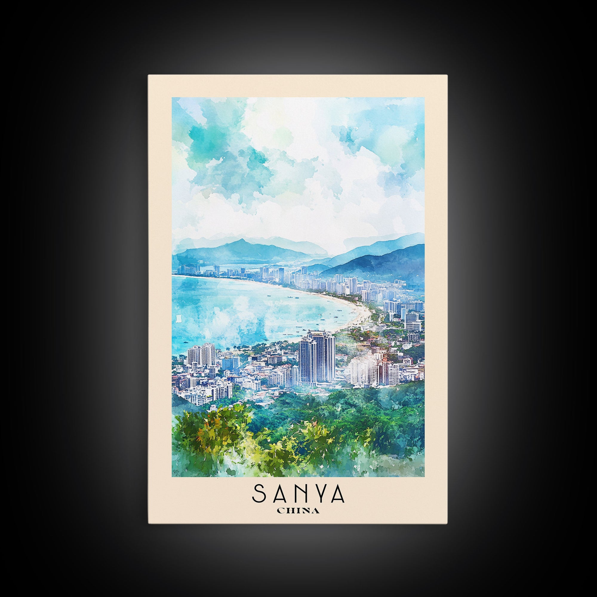 Sanya, China Watercolor Print, Vacation Gift, China Wall Art, Beach Painting, Beach Decor, Large Wall Art, Wood Frame Art