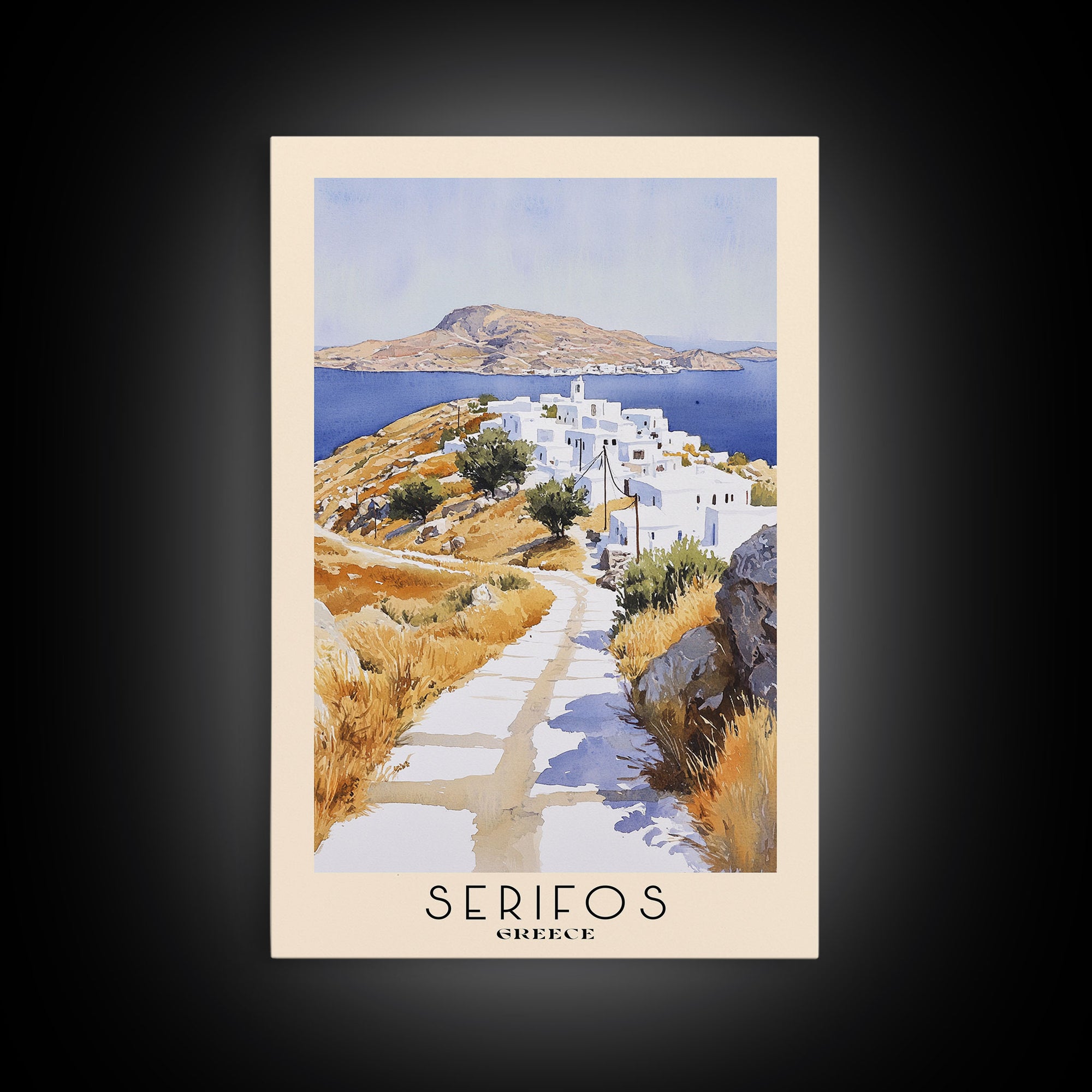 Serifos, Greece Watercolor Print, Vacation Gift, Greece Wall Art, Beach Painting, Beach Decor, Large Wall Art, Wood Frame Art