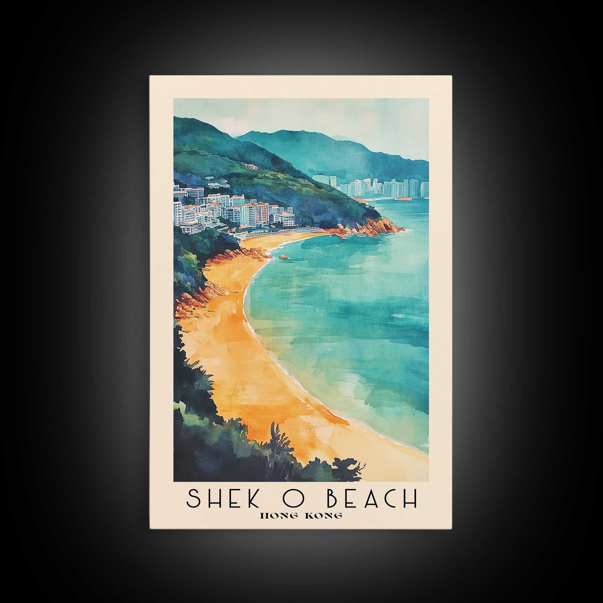 Shek O Beach, Hong Kong Watercolor Print, Vacation Gift, Hong Kong Wall Art, Beach Painting, Beach Decor, Large Wall Art, Wood Frame Art