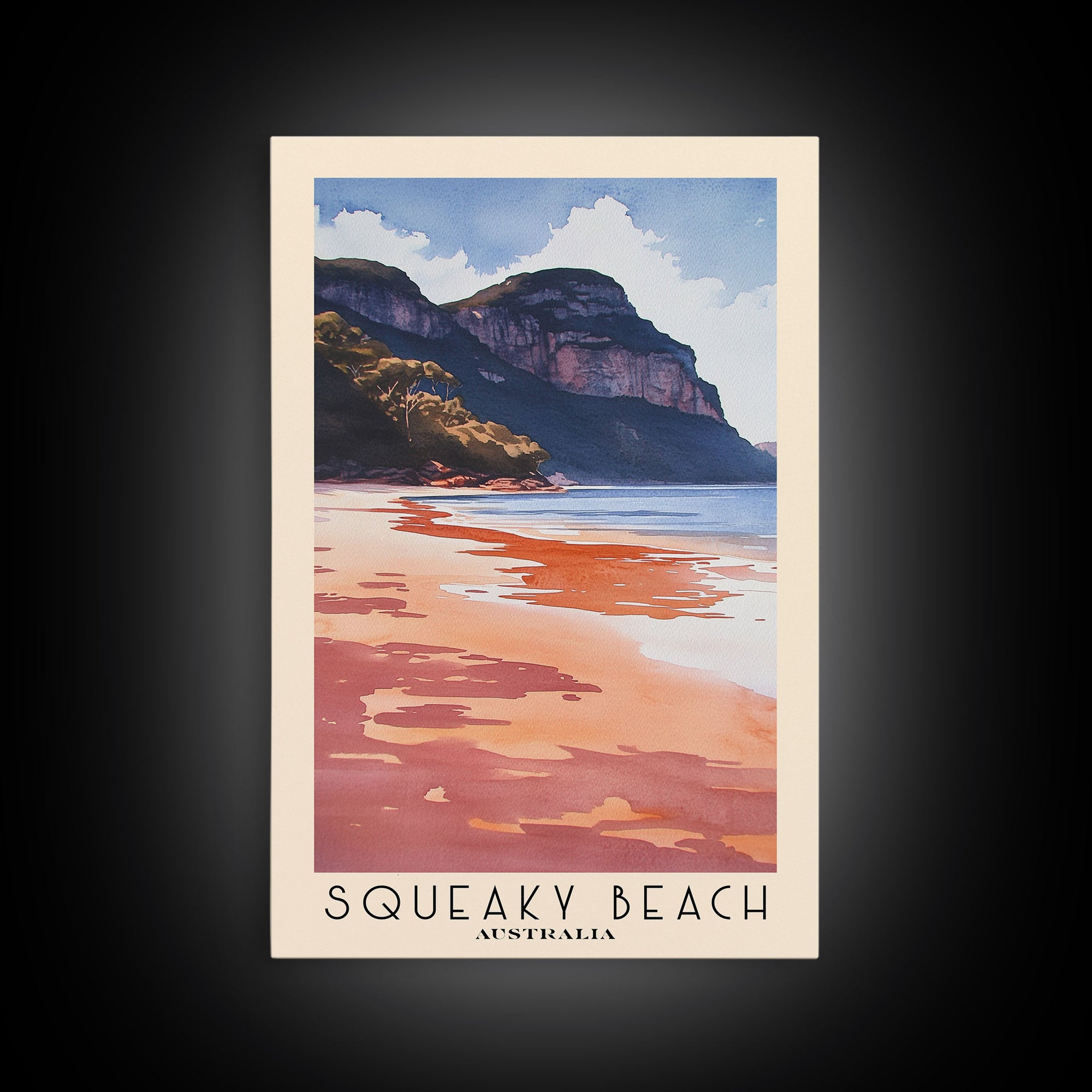 Squeaky Beach, Australia Watercolor Print, Vacation Gift, Australia Wall Art, Beach Painting, Beach Decor, Large Wall Art, Wood Frame Art