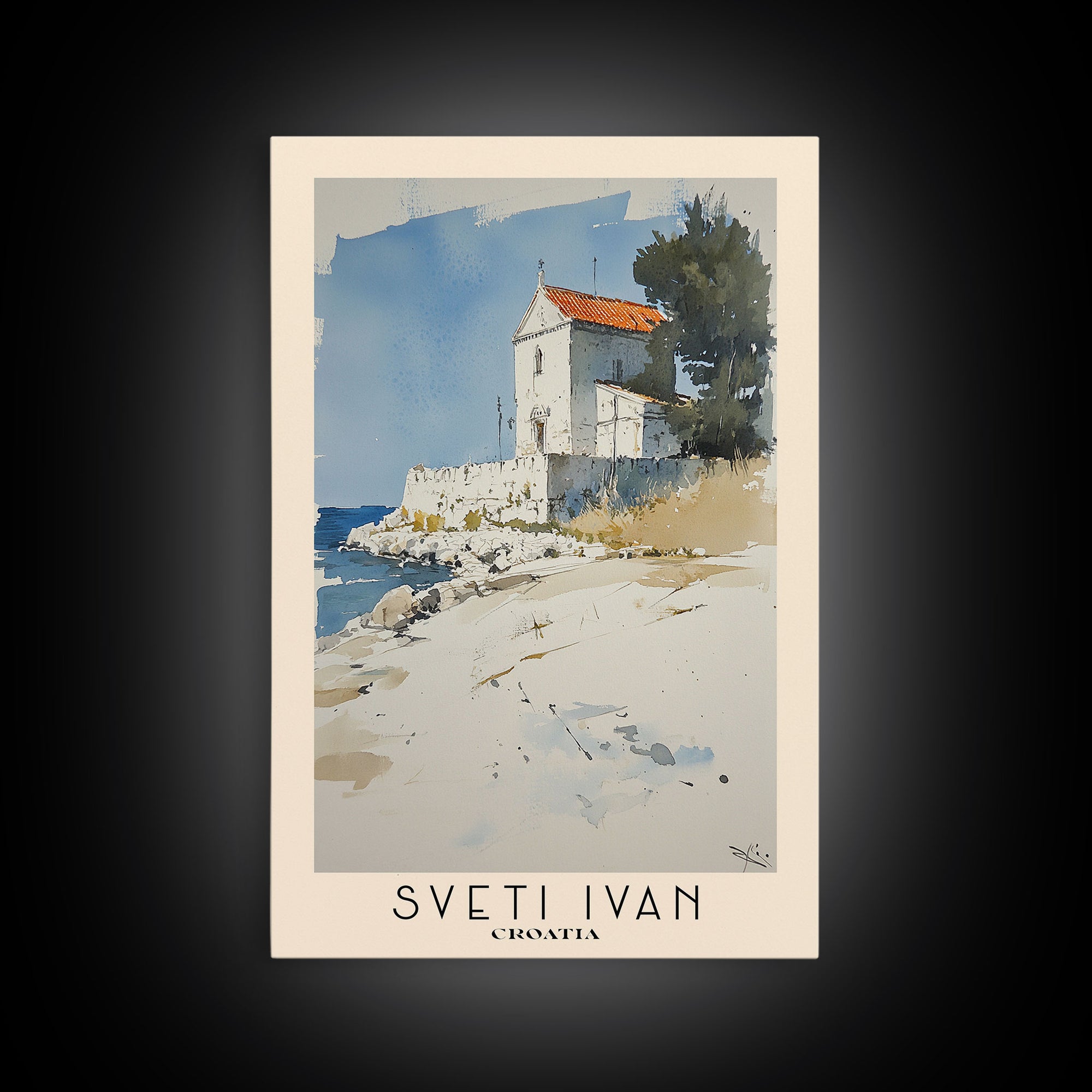 Sveti Ivan , Croatia Watercolor Beach Print, Vacation Gift, Croatia Wall Art, Framed Canvas Print, Framed Beach Painting