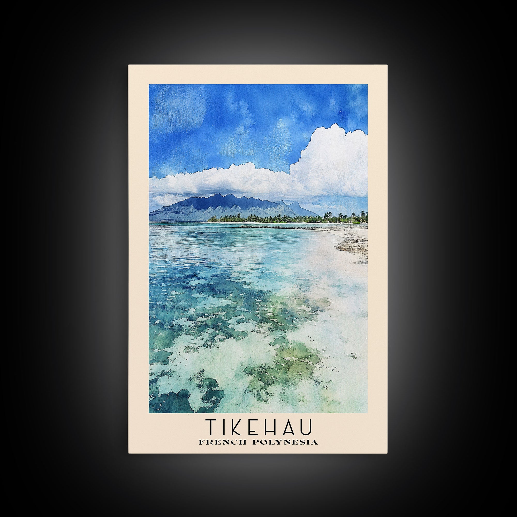 Tikehau, French Polynesia Watercolor Print, Vacation Gift, French Polynesia Wall Art, Beach Painting, Beach Decor, Large Wall Art, Wood Frame Art