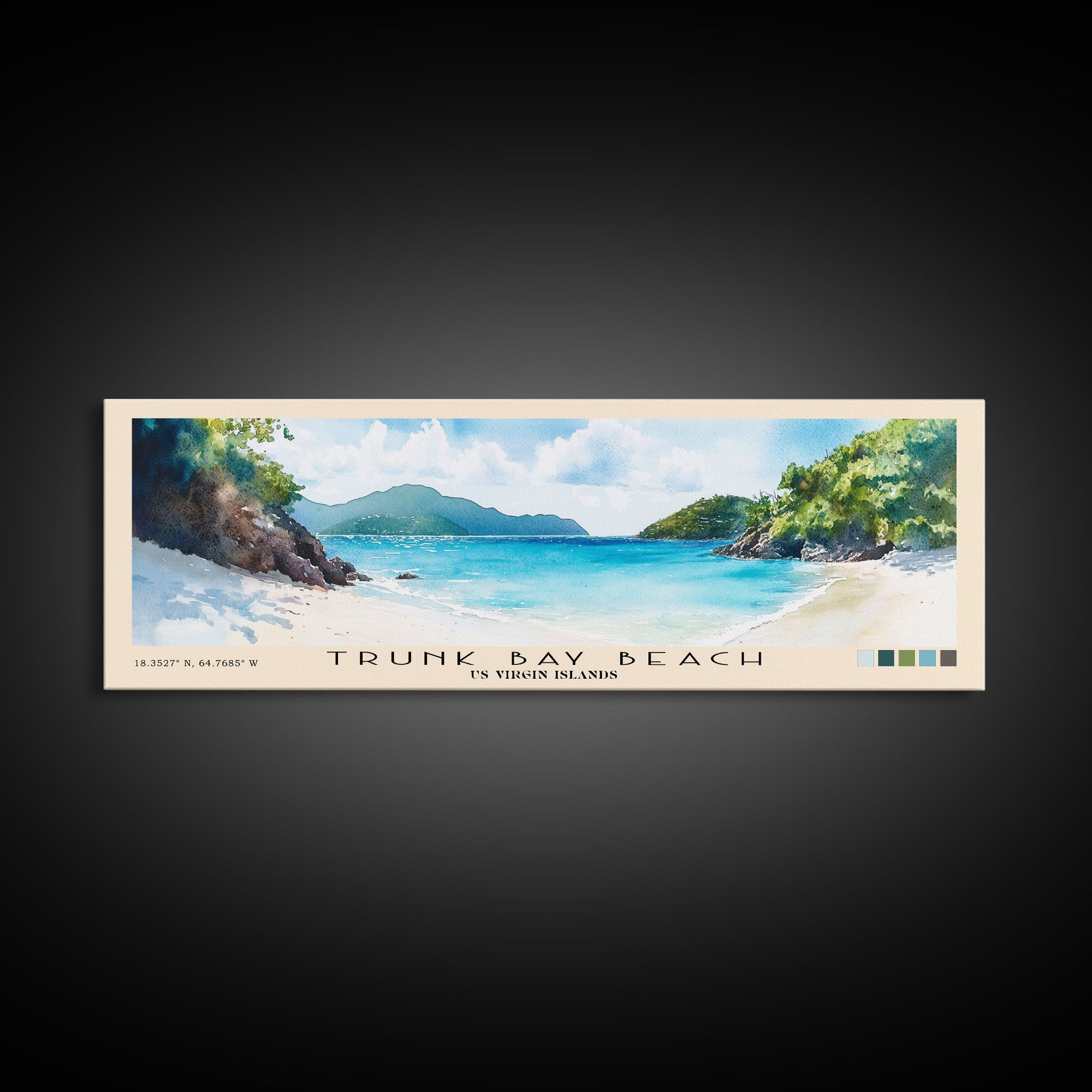 Trunk Bay Beach, US Virgin islands Watercolor Beach Print, Vacation Gift, US Virgin islands Wall Art, Framed Canvas Print, Framed Beach Painting