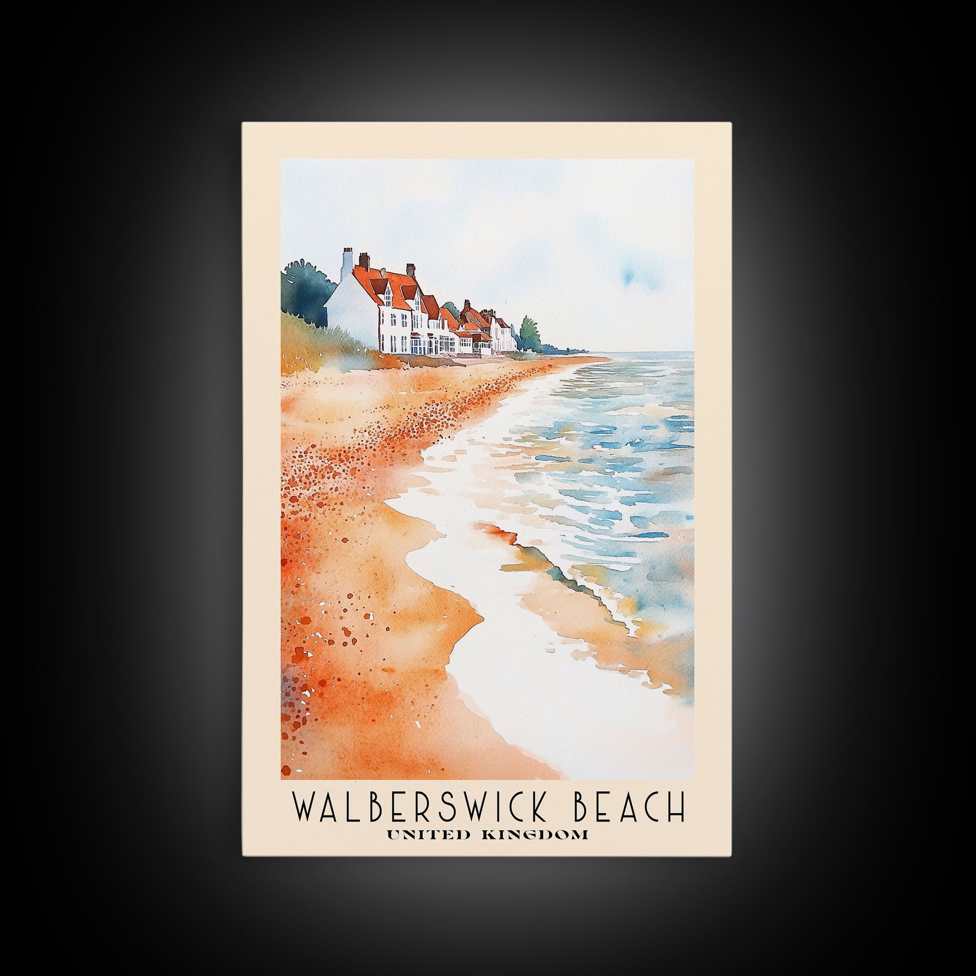 Walberswick Beach, United Kingdom Watercolor Beach Print, Vacation Gift, United Kingdom Wall Art, Framed Canvas Print, Framed Beach Painting