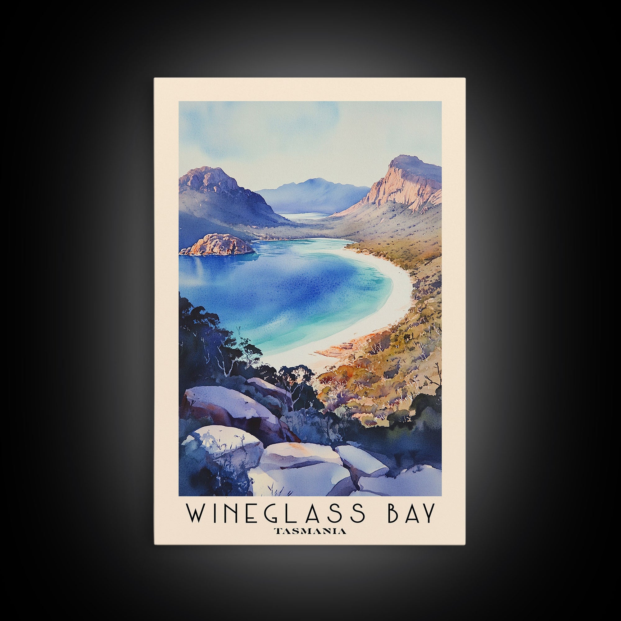 Wineglass Bay, Tasmania Watercolor Beach Print, Vacation Gift, Tasmania Wall Art, Framed Canvas Print, Framed Beach Painting