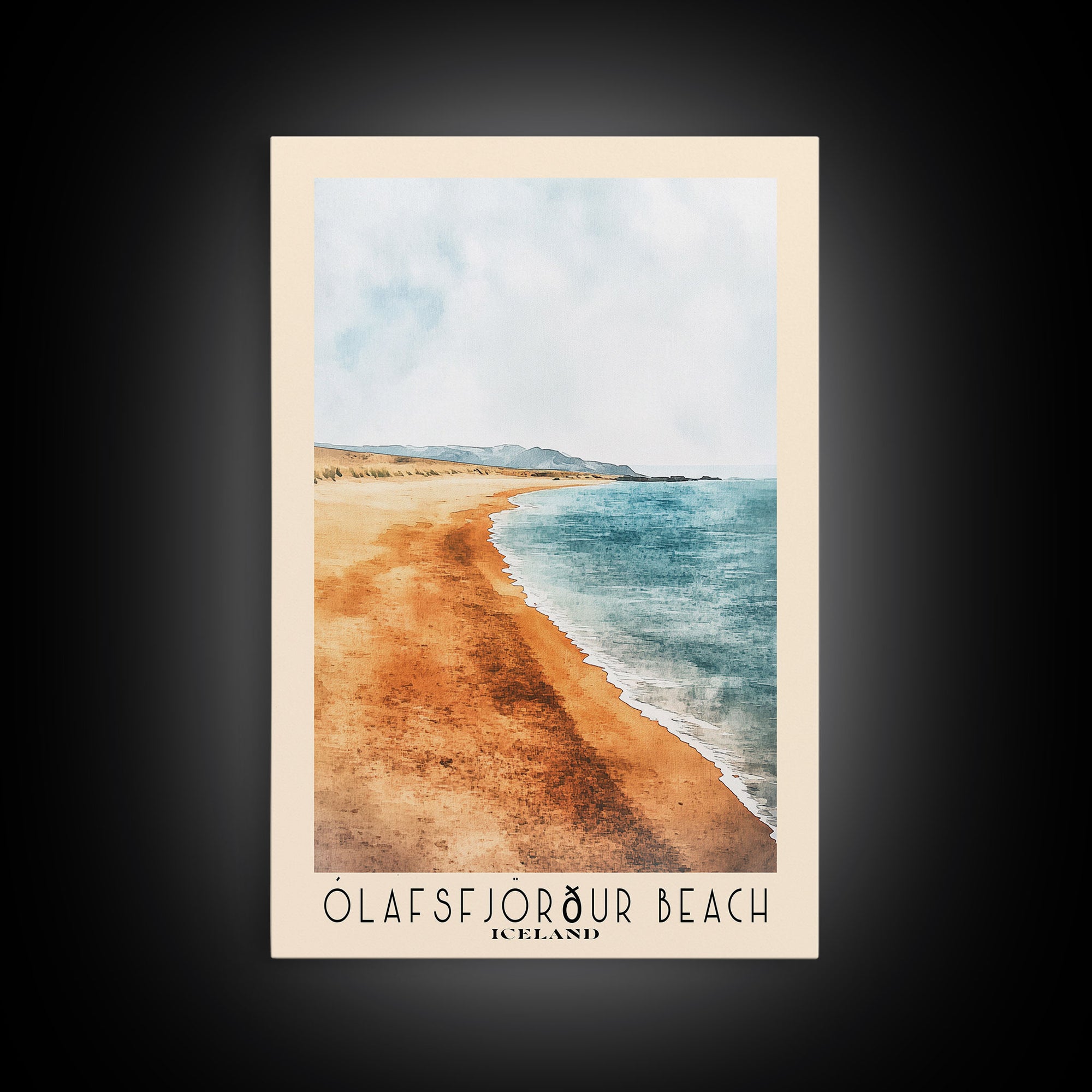 Ólafsfjörður Beach, Iceland Watercolor Print, Vacation Gift, Iceland Wall Art, Beach Painting, Beach Decor, Large Wall Art, Wood Frame Art