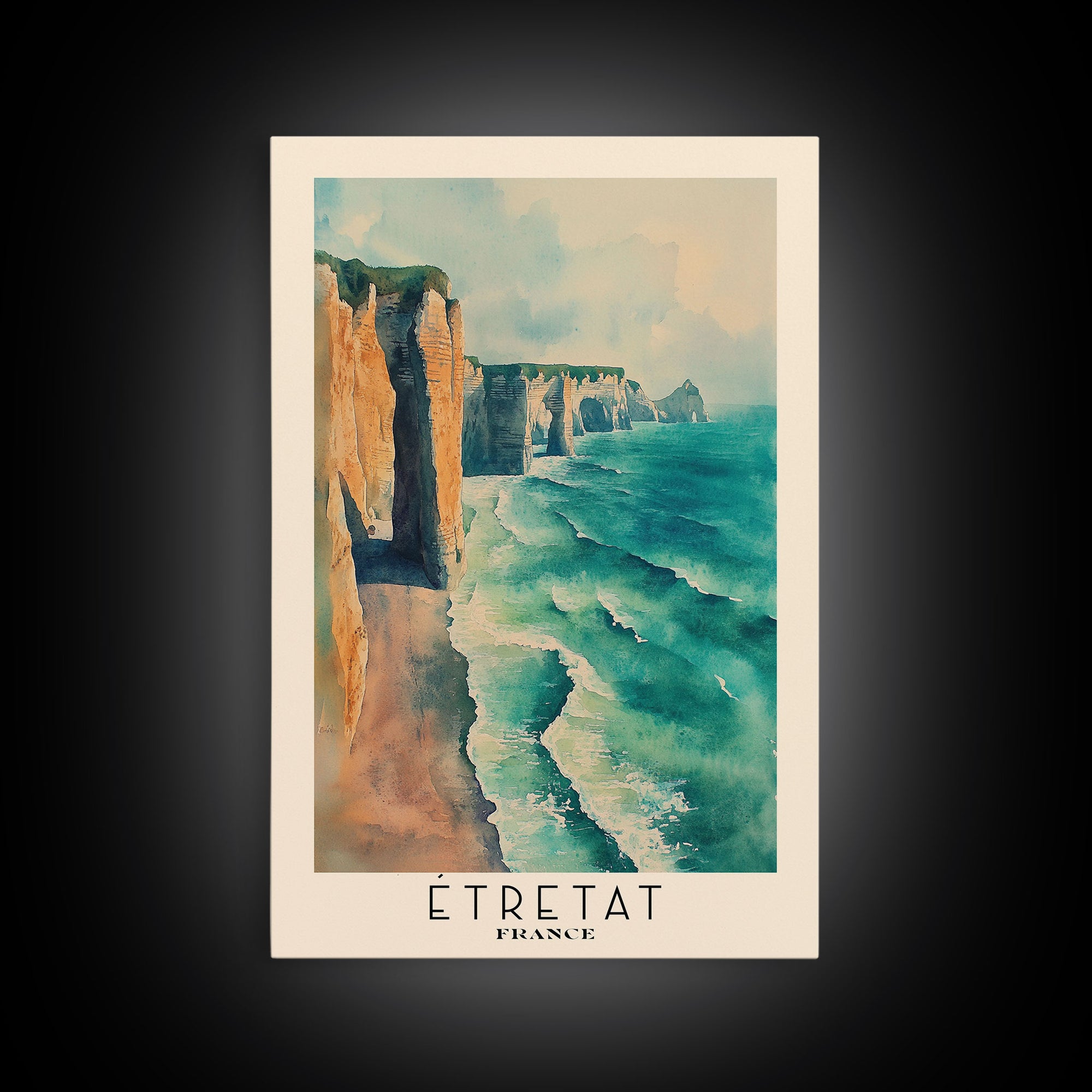 Étretat, France Watercolor Print, Vacation Gift, France Wall Art, Beach Painting, Beach Decor, Large Wall Art, Wood Frame Art