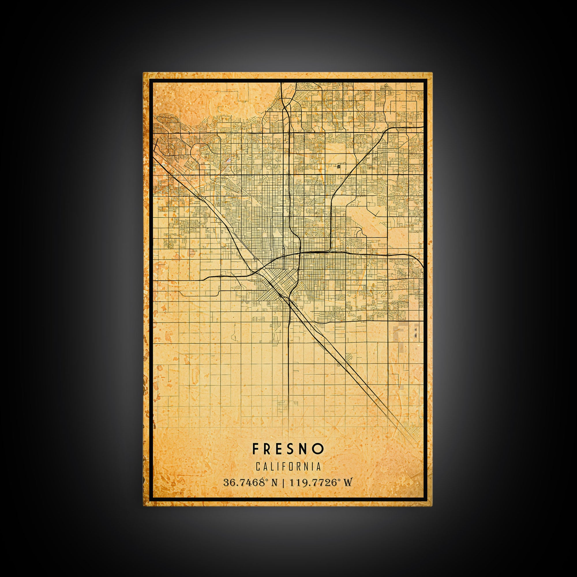 Distressed Fresno California Map, Framed Canvas Print Or Poster, California Map Print, Freso City Wall Art Map Print, Rustic Map Art