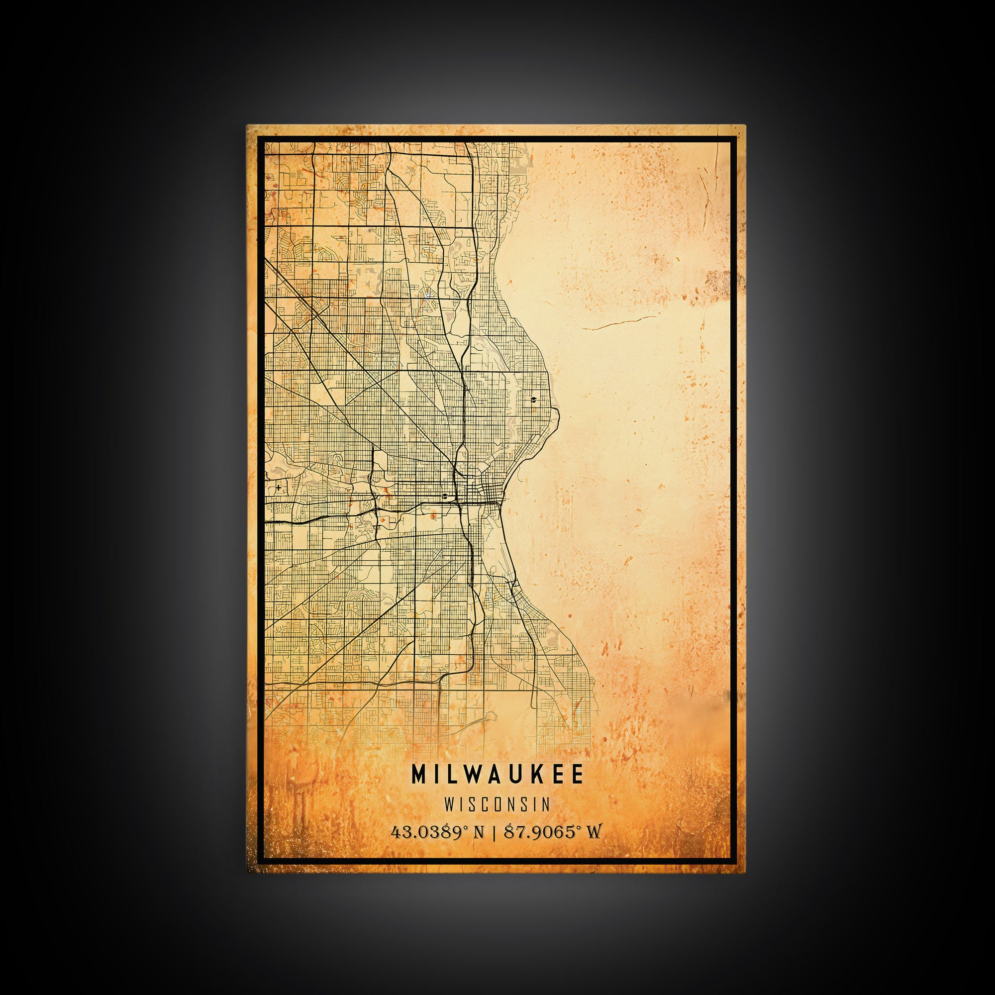 Milwaukee Wisconsin Street Map Wall Art, Framed Canvas Print, Wisconsin Map Print Poster and Canvas, Milwaukee City Office Wall Art