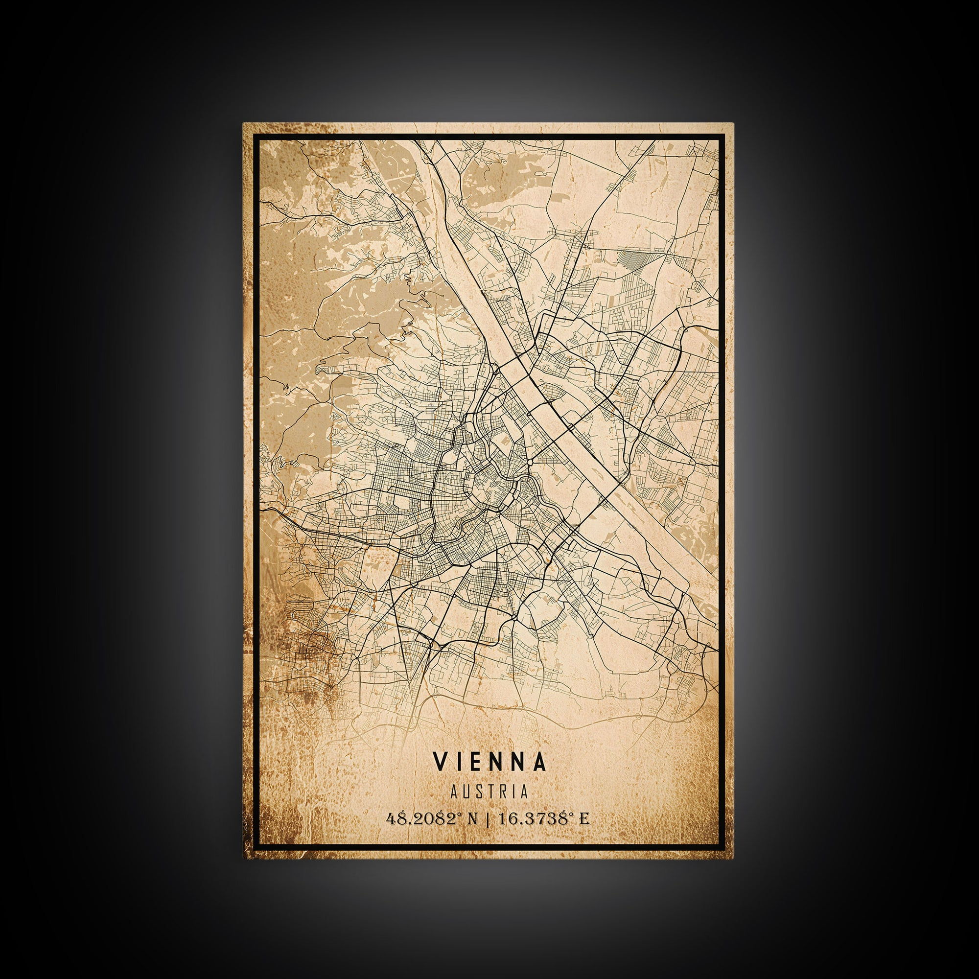 Vintage Vienna City Map Wall Art Canvas Print, Distressed Style Vienna Austria Map, Framed Wall Art, Cool Vienna Travel Wall Art, Office Art