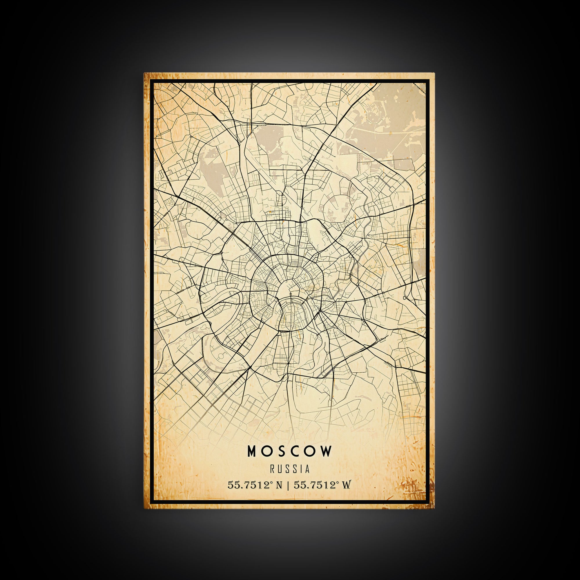 Vintage Style Moscow City Map Wall Art Canvas Print, Distressed Moscow Russia Map, Framed Wall Art, Cool Moscow Travel Wall Art, Office Art