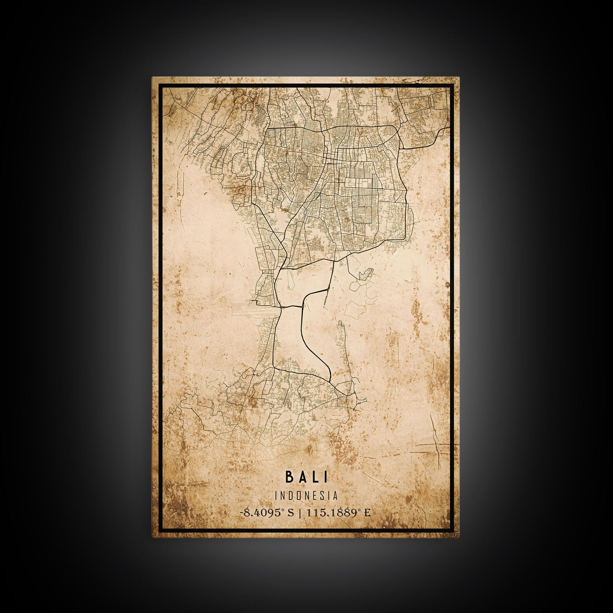 Vintage Bali Indonesia City Map Wall Art Canvas Print, Distressed Style Bali Map, Framed Wall Art, Cool Bali Travel Wall Art, Office Art