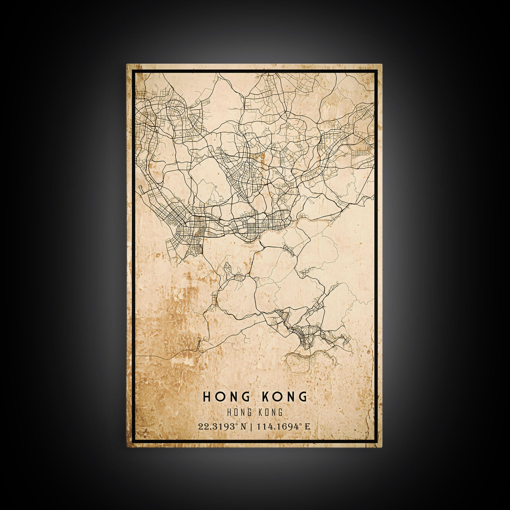 Vintage Hong Kong City Map Wall Art Canvas Print, Distressed Hong Kong Map, Framed Wall Art, Cool Hong Kong Travel Wall Art, Office Art