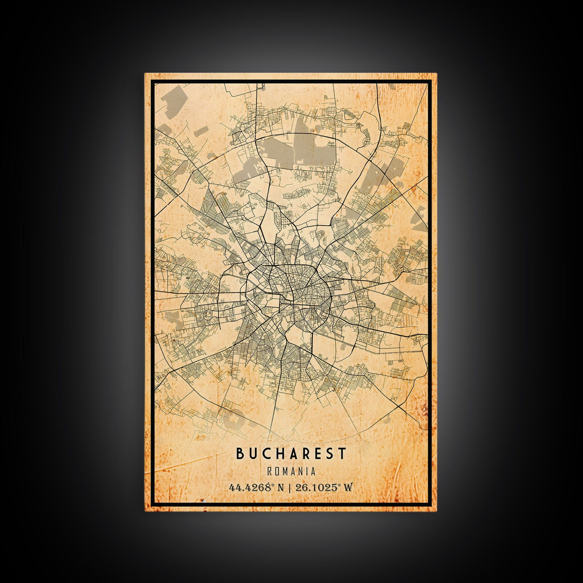 Vintage Style Bucharest City Map Wall Art Canvas Print, Distressed Bucharest Map, Framed Wall Art, Cool RomaniaTravel Wall Art, Office Art