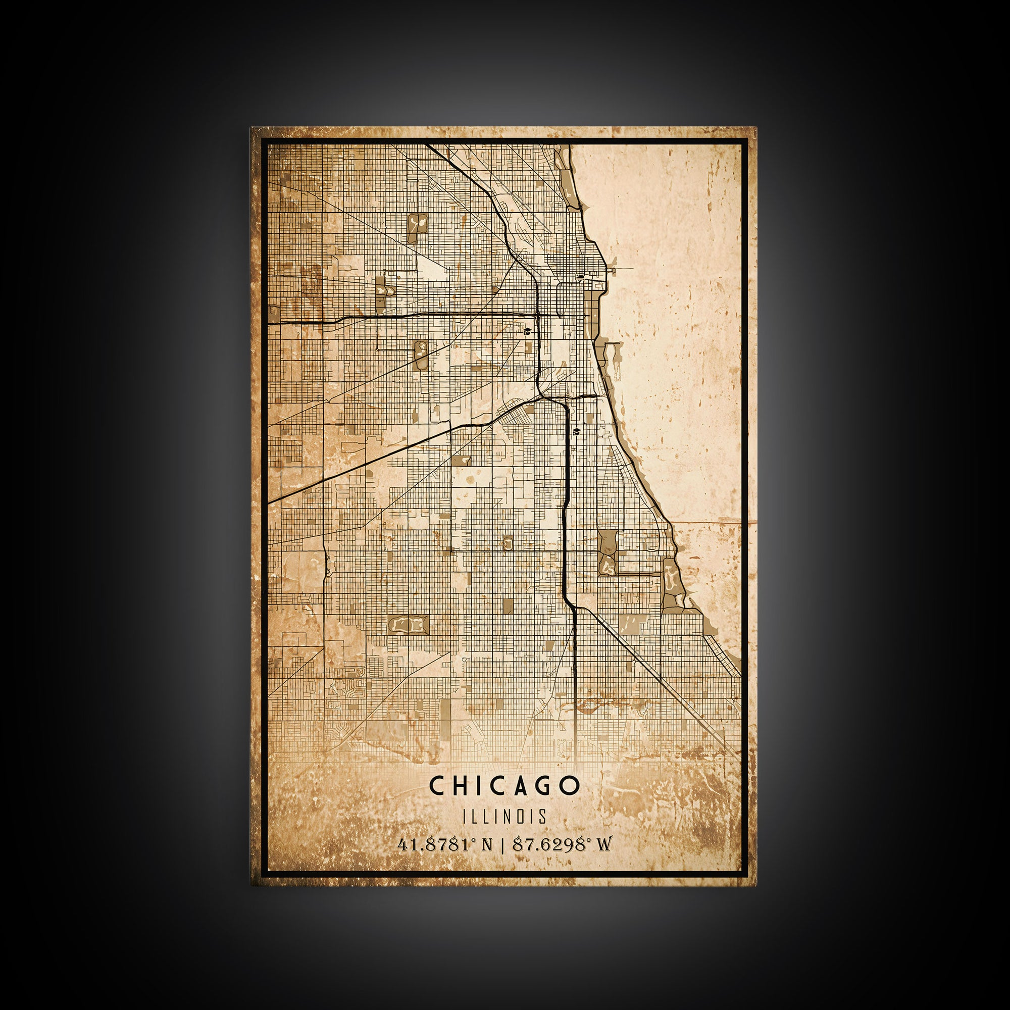 Distressed Chicago map print poster or framed canvas, Illinois road map print poster canvas, Chicago city map print poster canvas