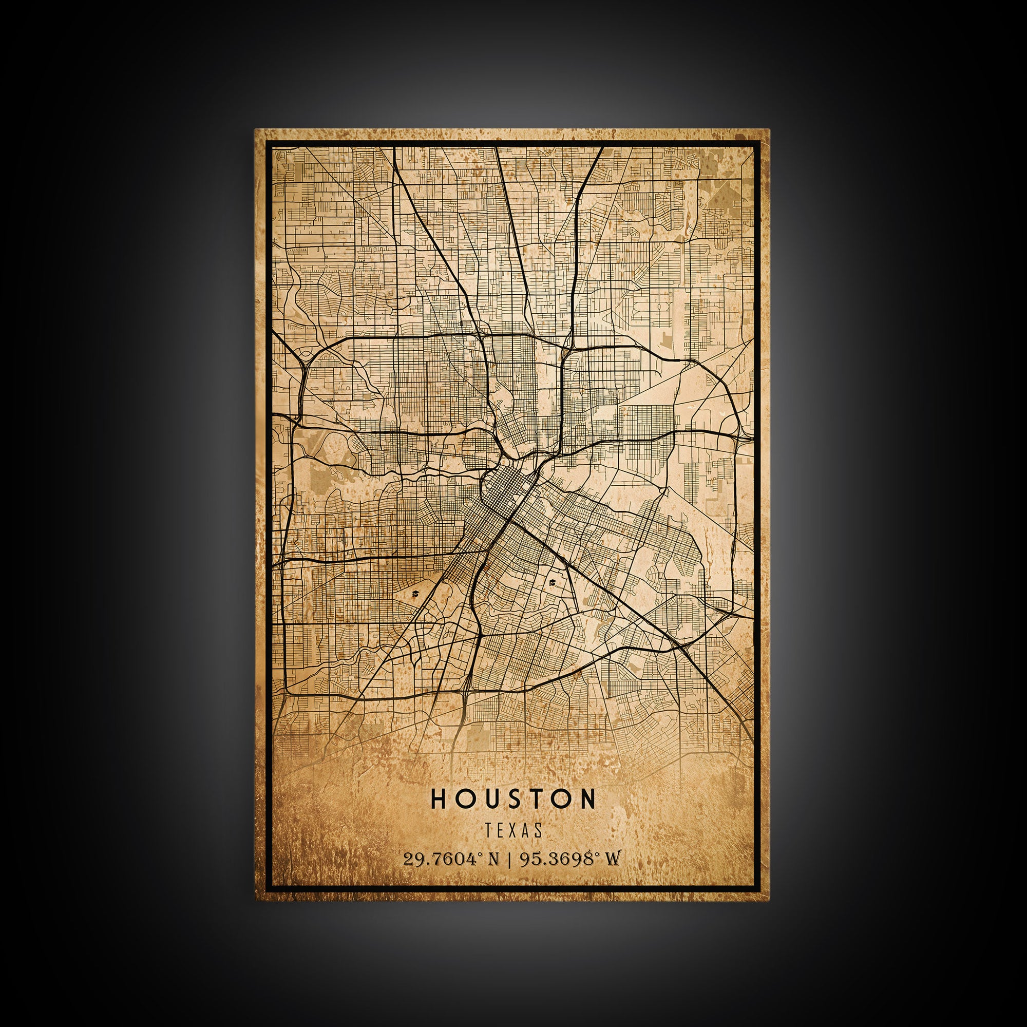 Houston Vintage Map Print, Framed Canvas, Houston Map, Texas Map Art, Houston City Road Map Poster, Vintage Map