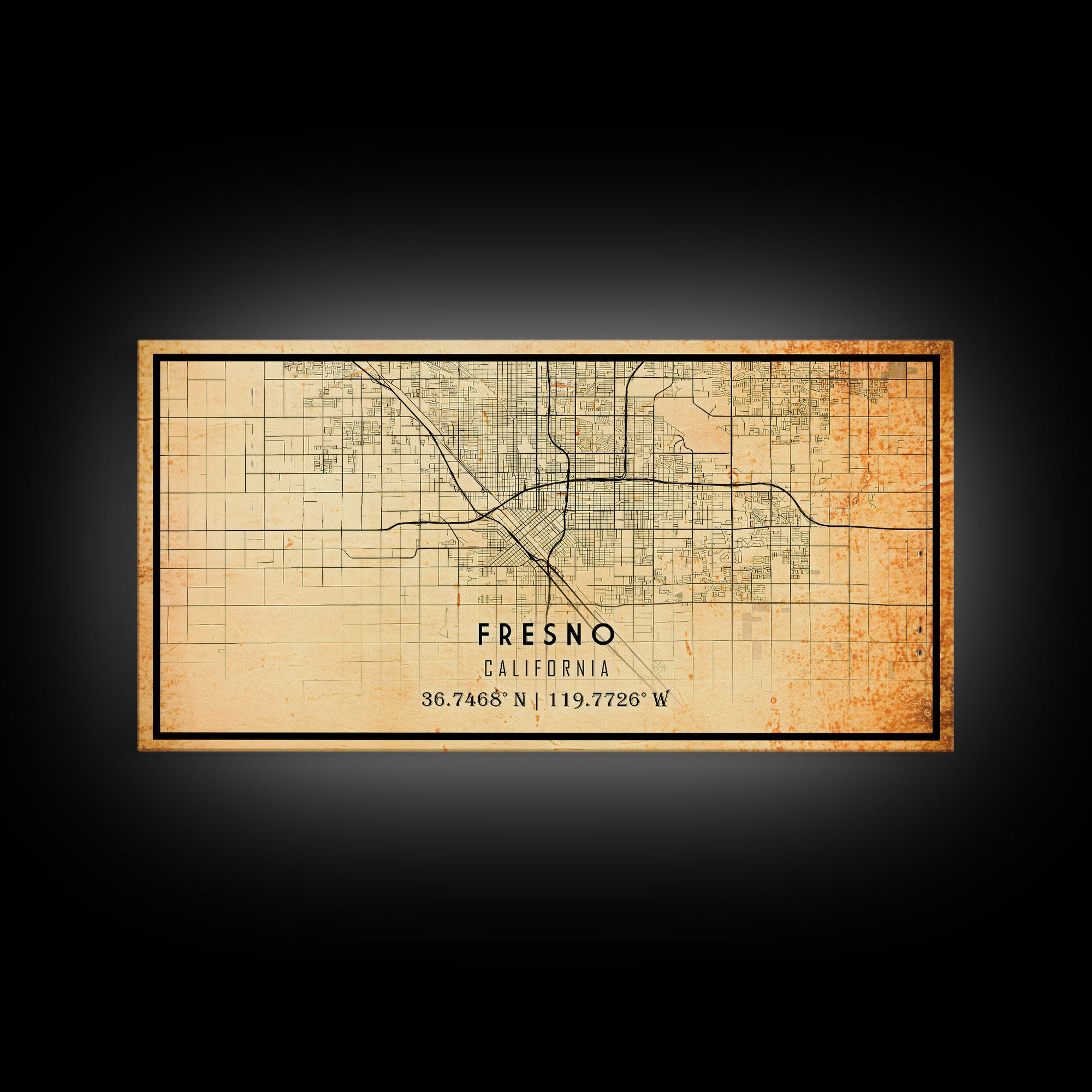 Distressed Fresno California Map, Framed Canvas Print Or Poster, California Map Print, Freso City Wall Art Map Print, Rustic Map Art